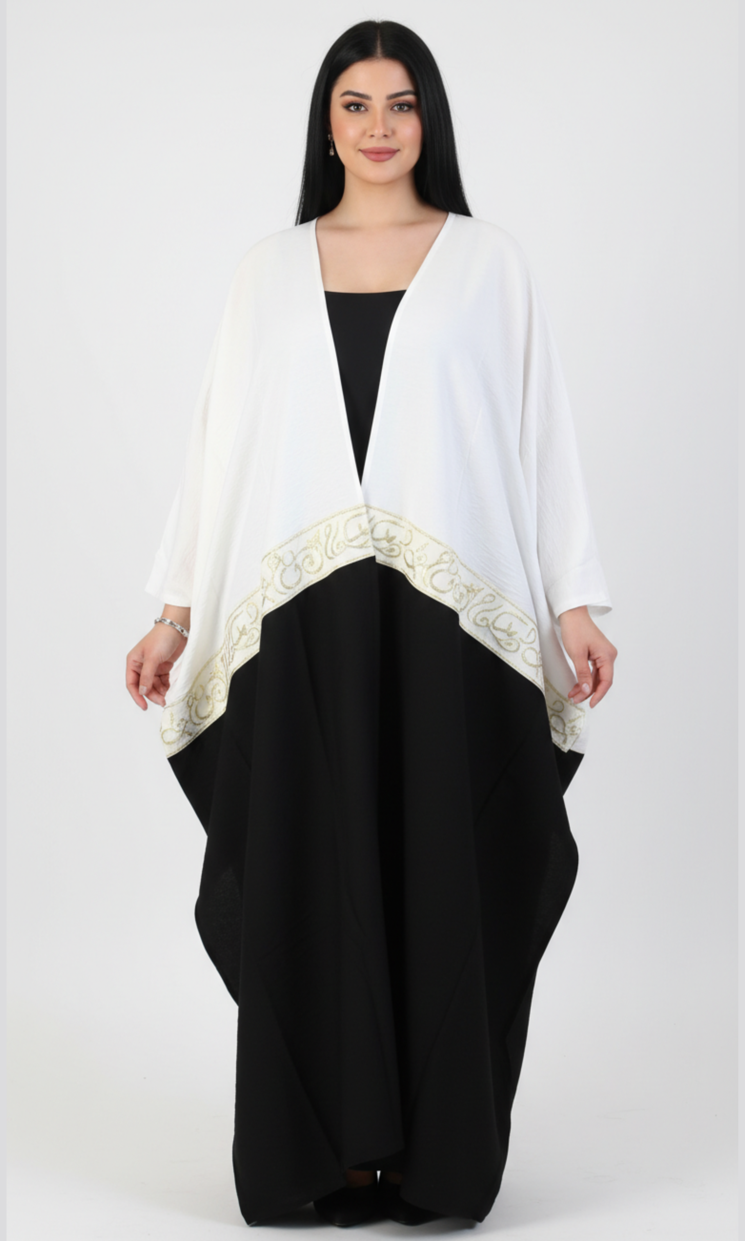 Women Open Front Kaftan (White*Black)