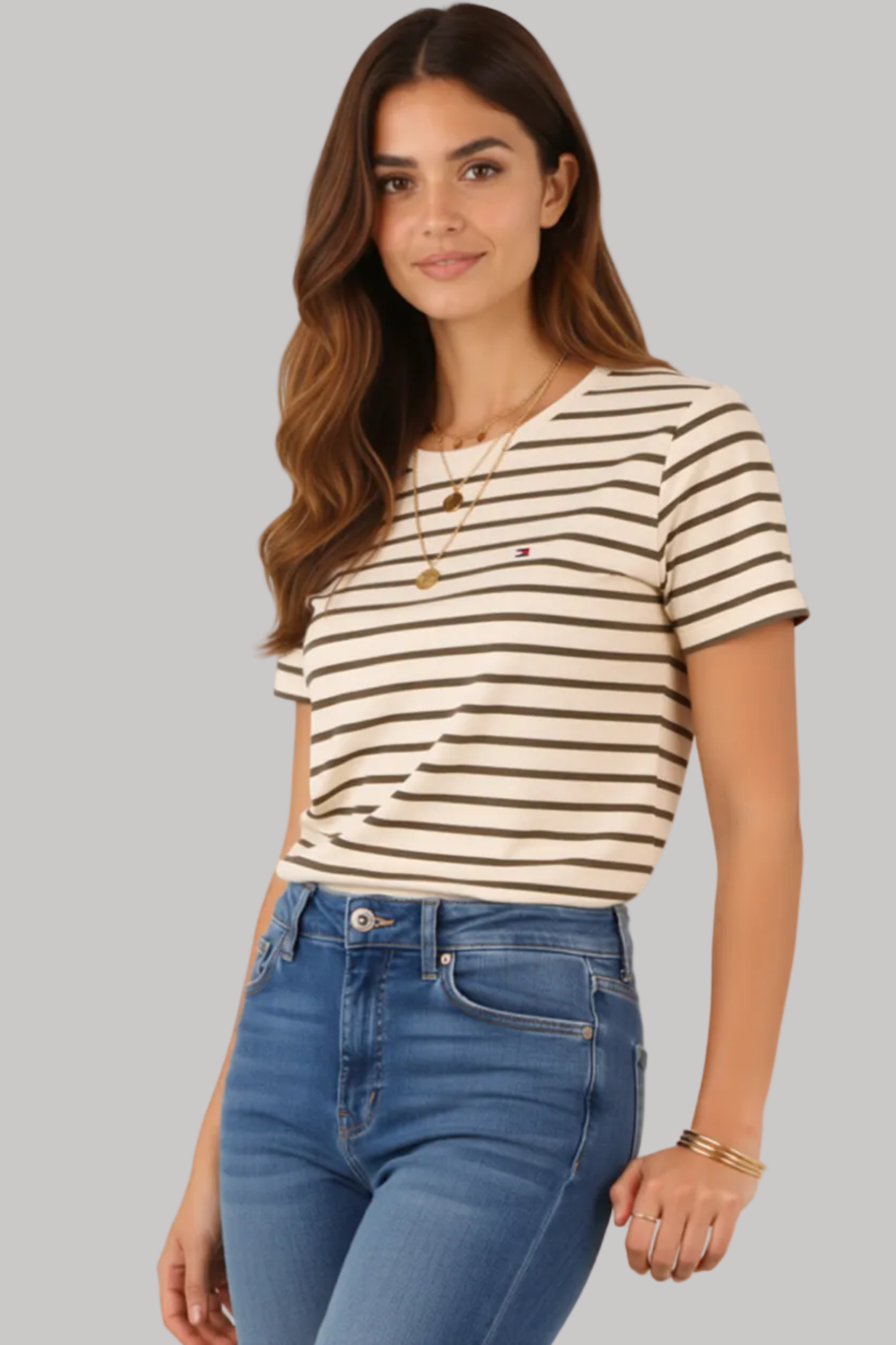 Women Striped Pattern Crew Neck T-shirt