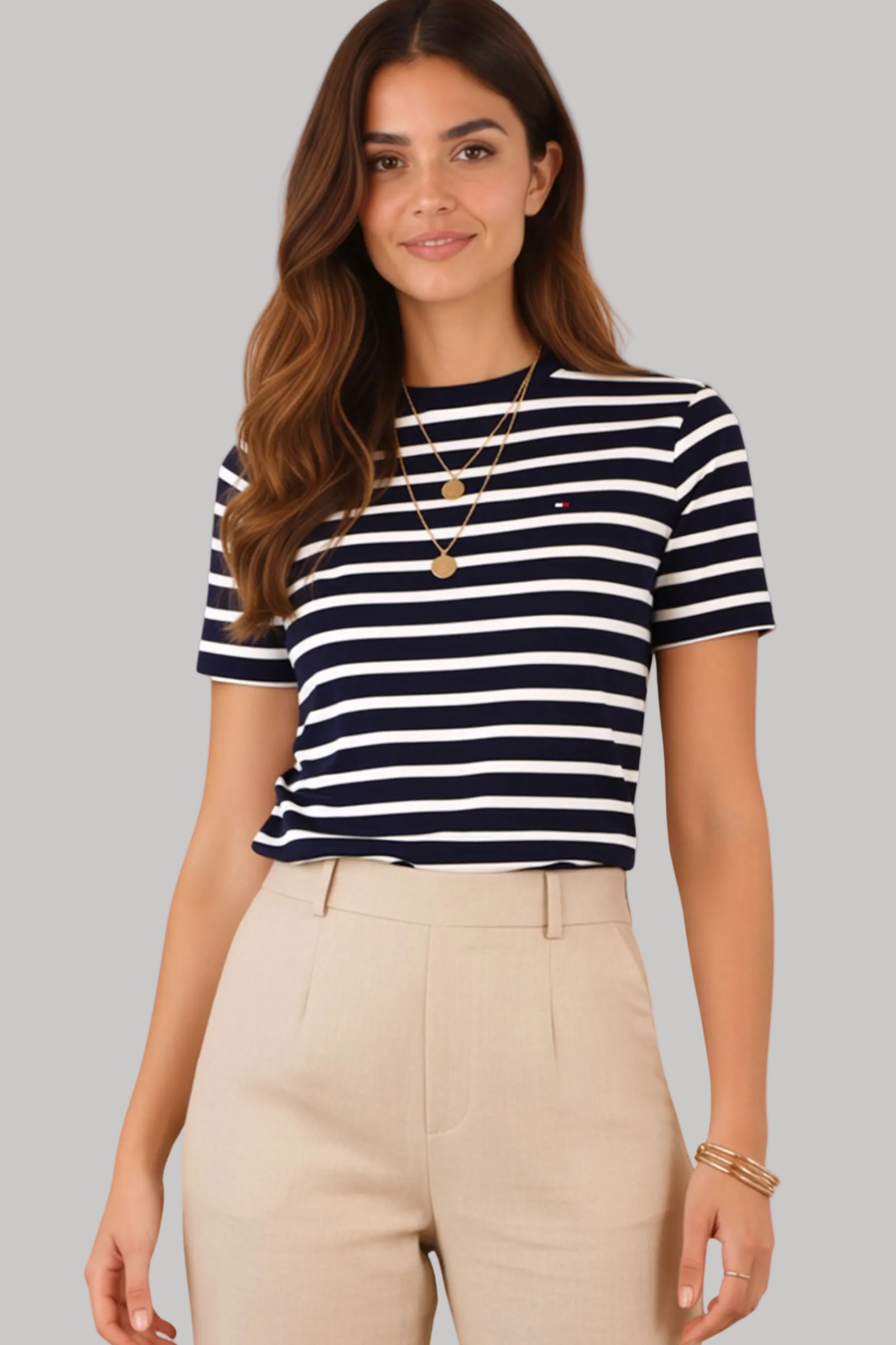 Women Striped Pattern Crew Neck T-shirt