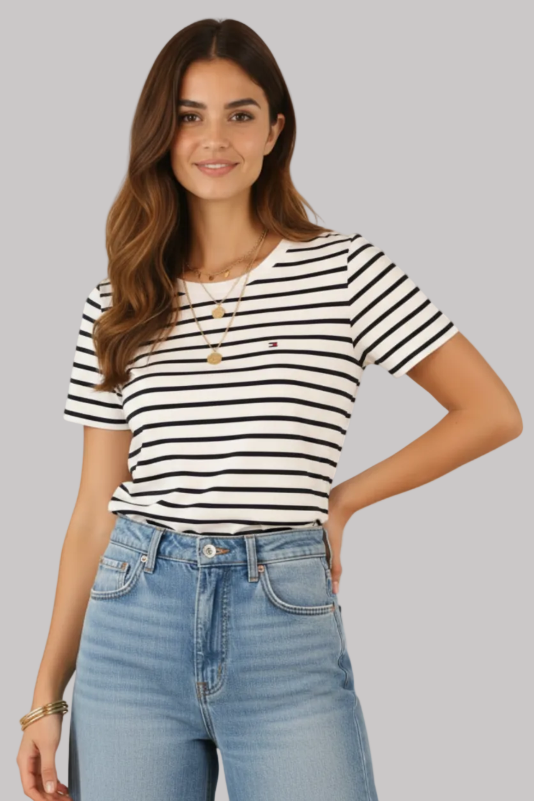 Women Striped Pattern Crew Neck T-shirt