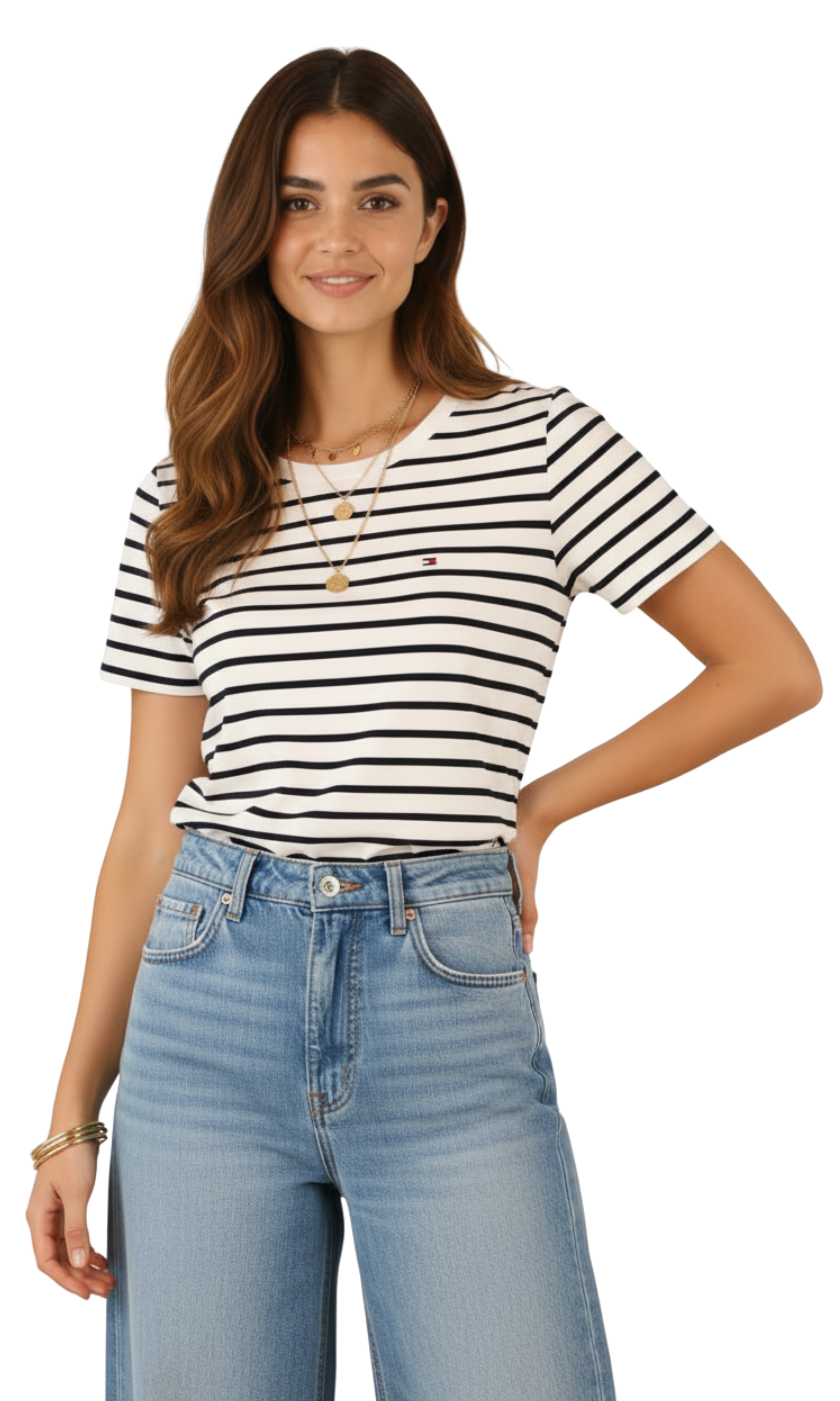 Women Striped Pattern Crew Neck T-shirt