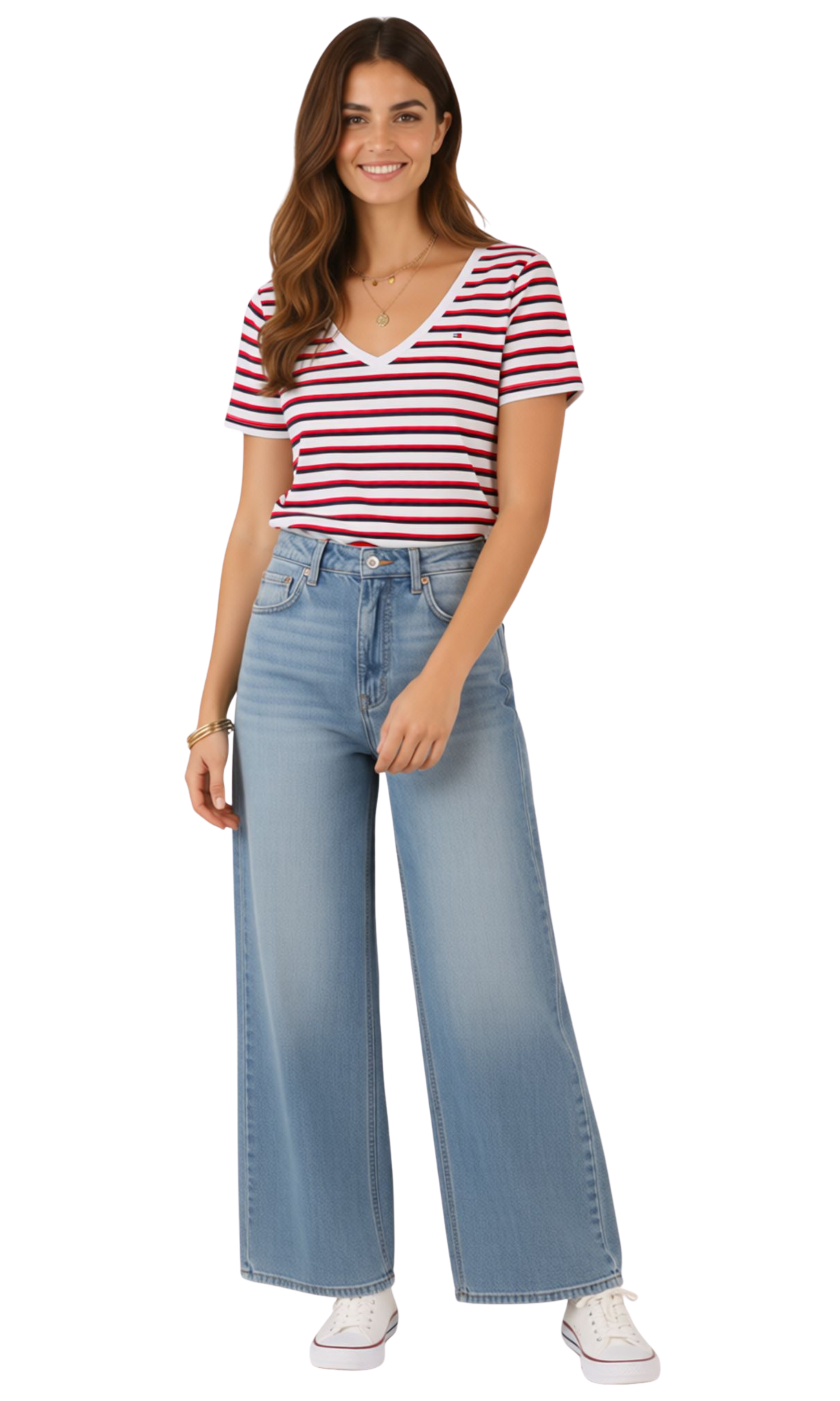 Women Striped Classic V-neck T-Shirt (Red*Dark Blue)