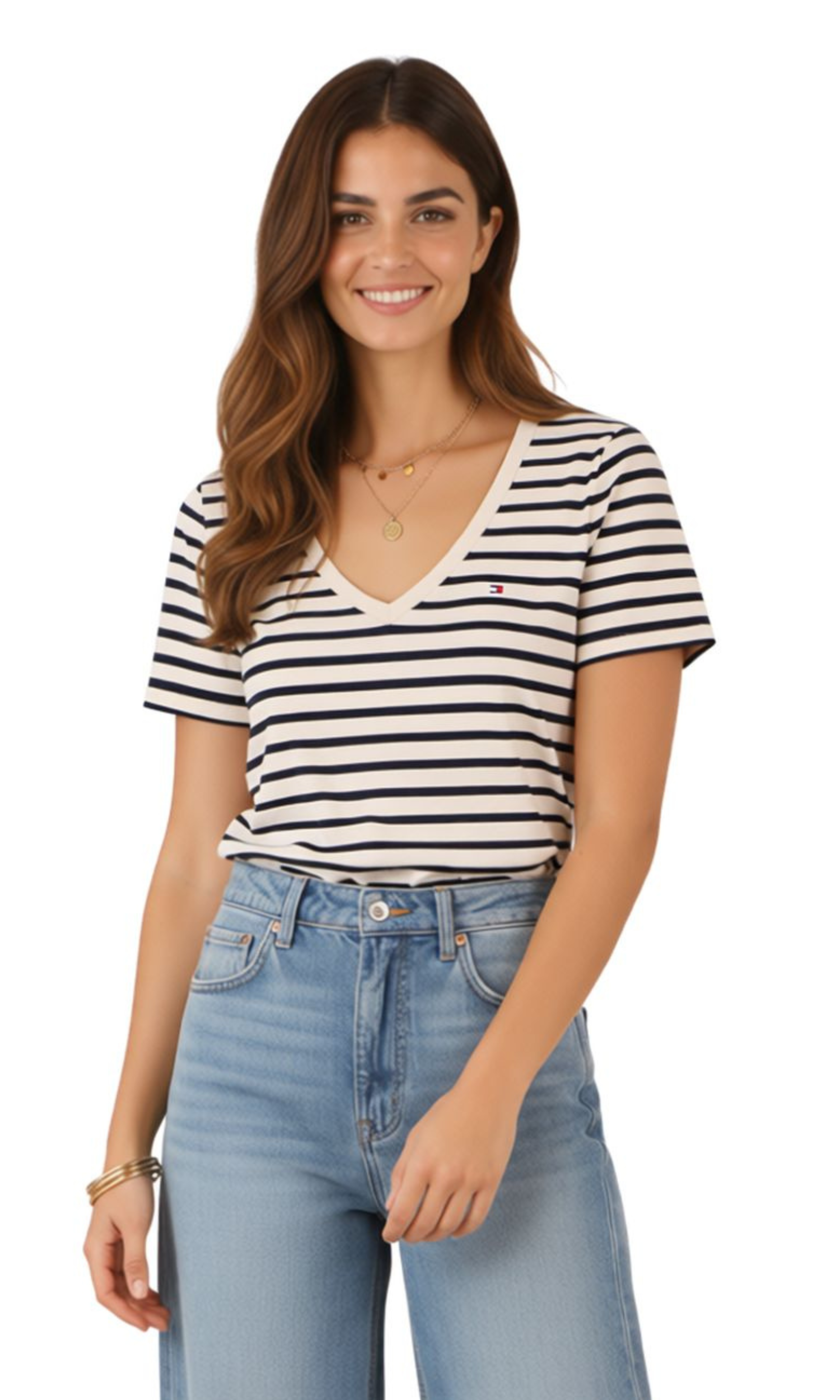 Women Striped Classic V-neck T-Shirt