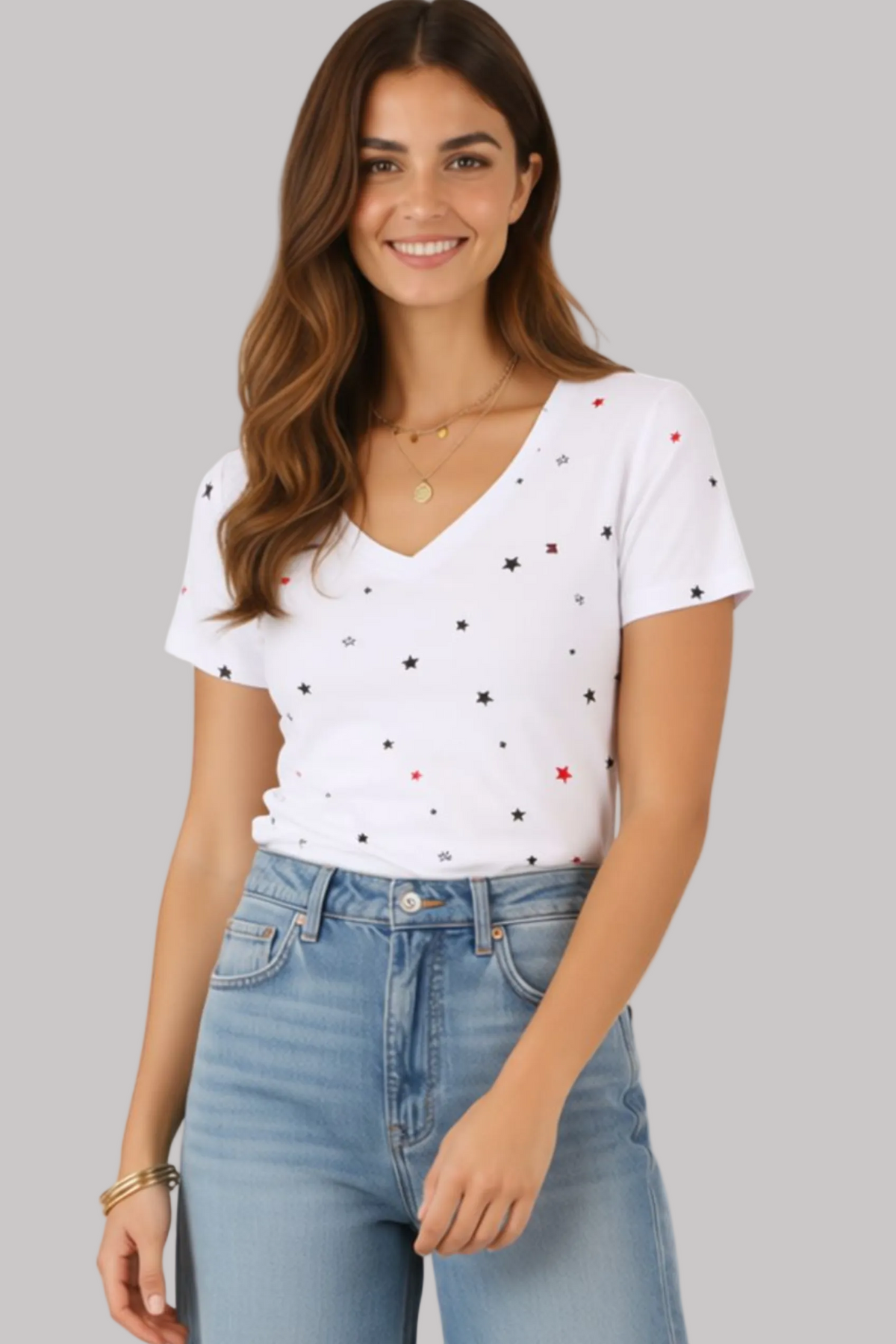 [Original] Women Top Cotton T-Shirt V Neck-2 (Red Stars)