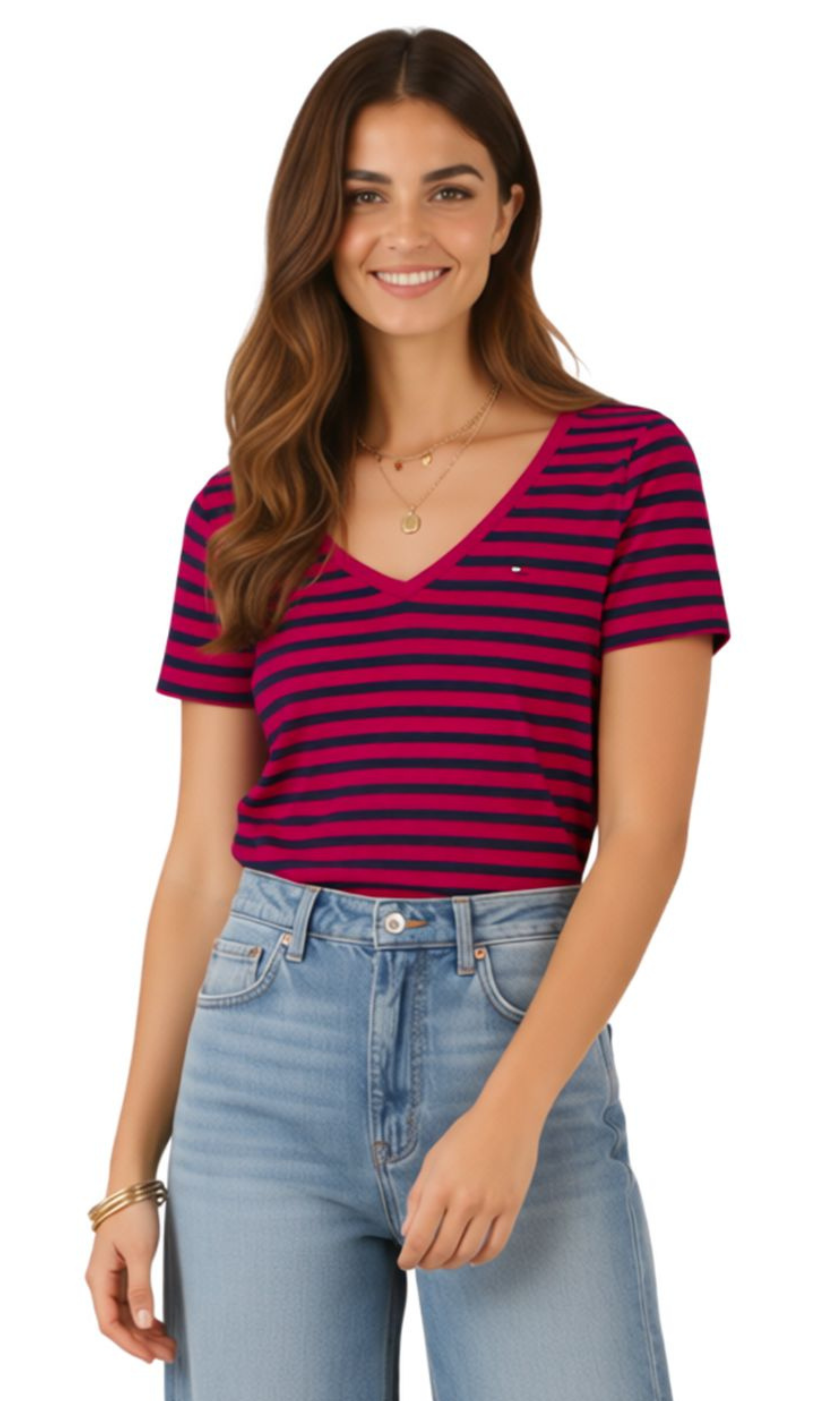 Women Striped Classic V-neck T-Shirt
