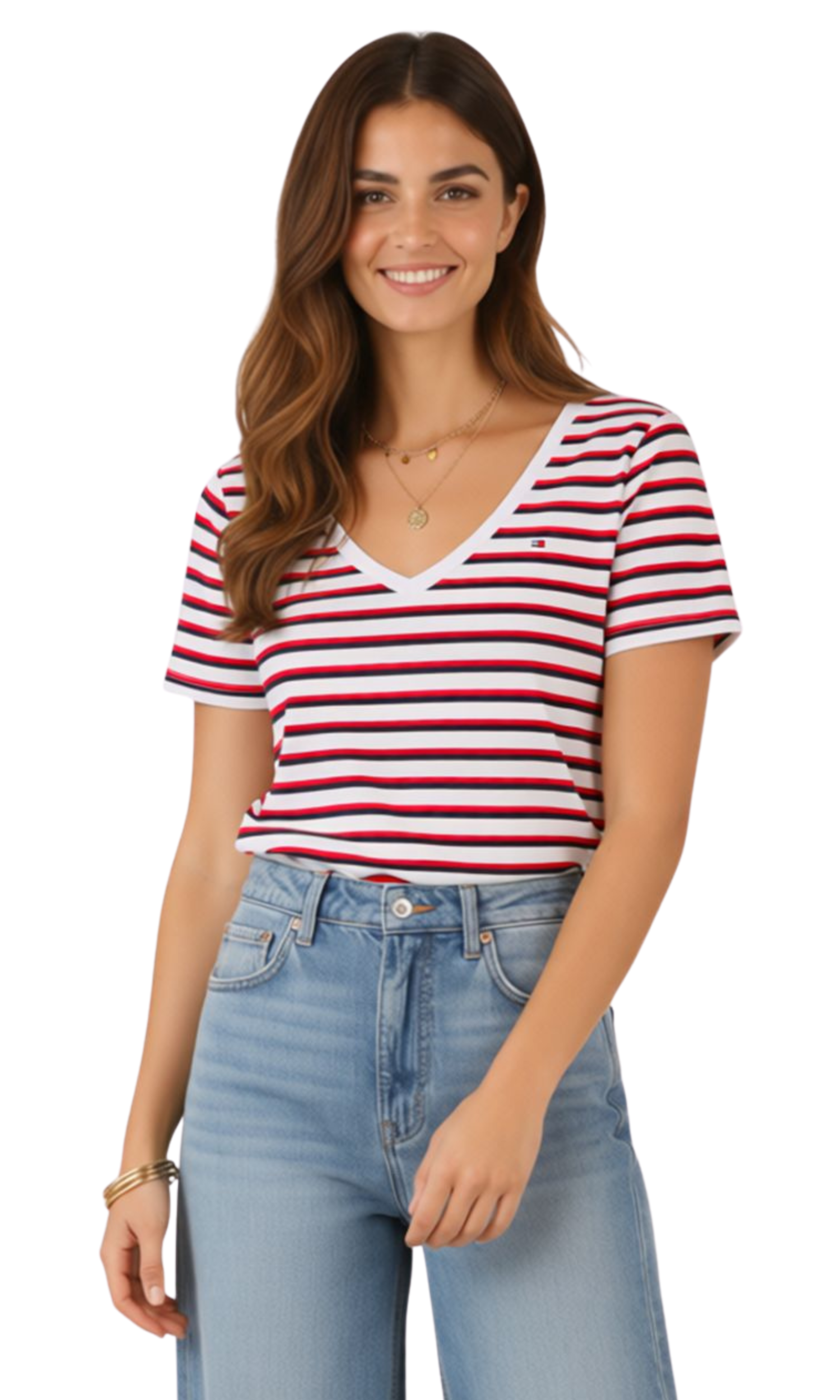Women Striped Classic V-neck T-Shirt (Red*Dark Blue)