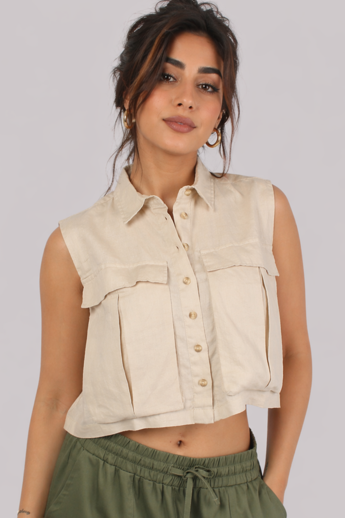 Women Linen Crop Shirt With Cargo Pockets