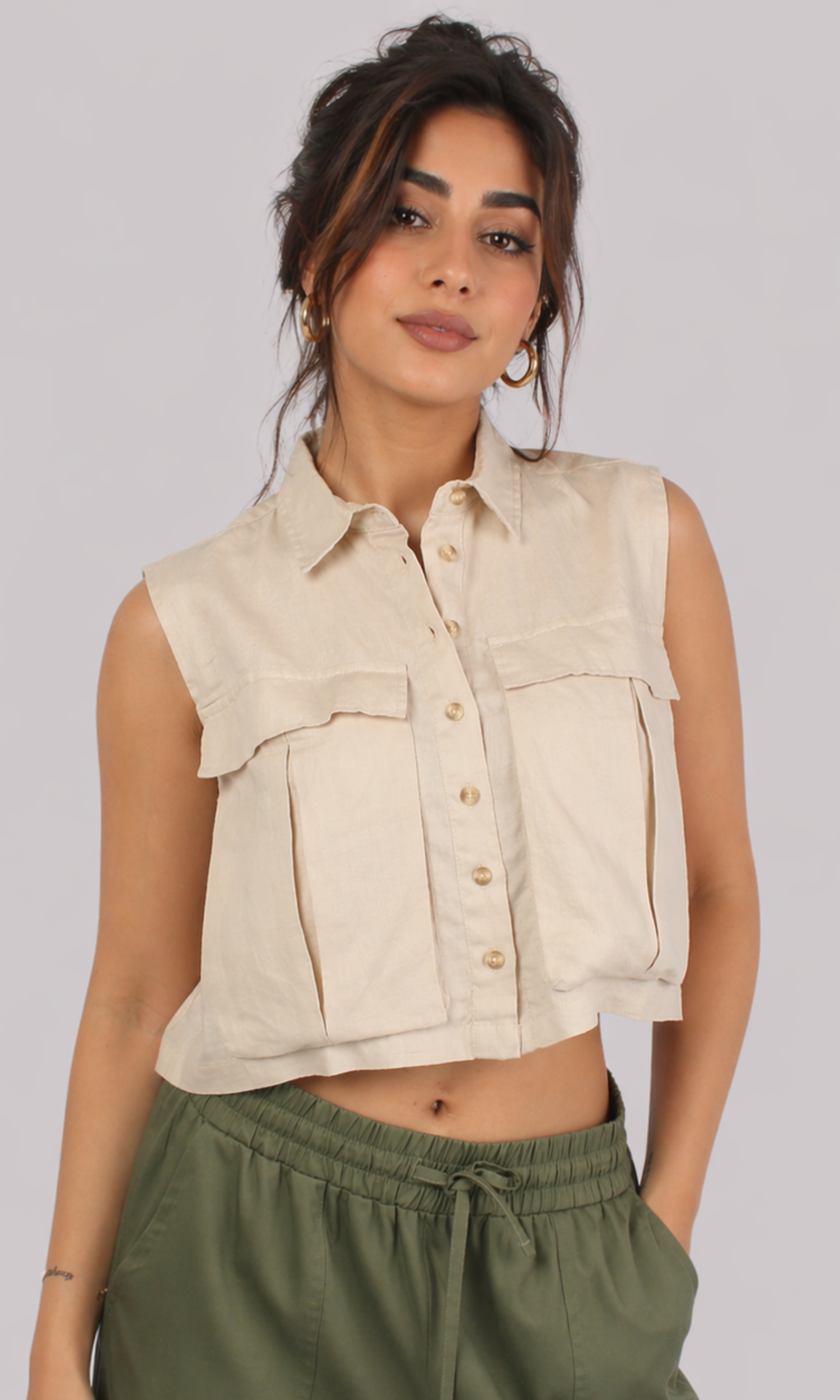 Women Linen Crop Shirt With Cargo Pockets