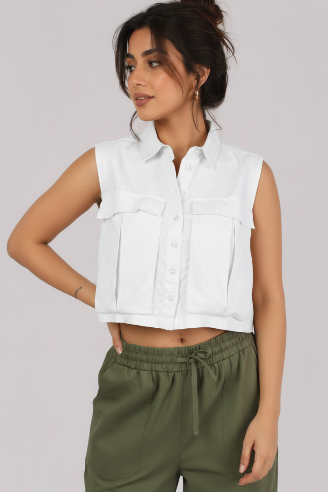 Women Linen Crop Shirt With Cargo Pockets