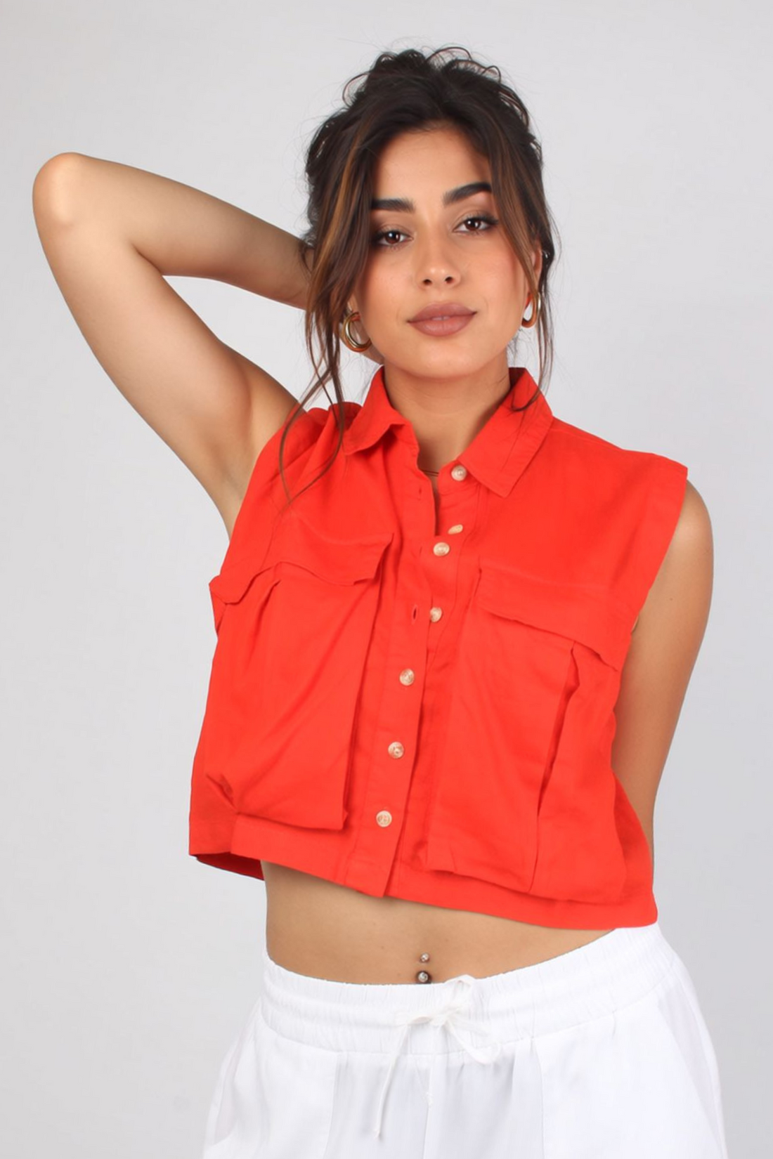 Women Linen Crop Shirt With Cargo Pockets