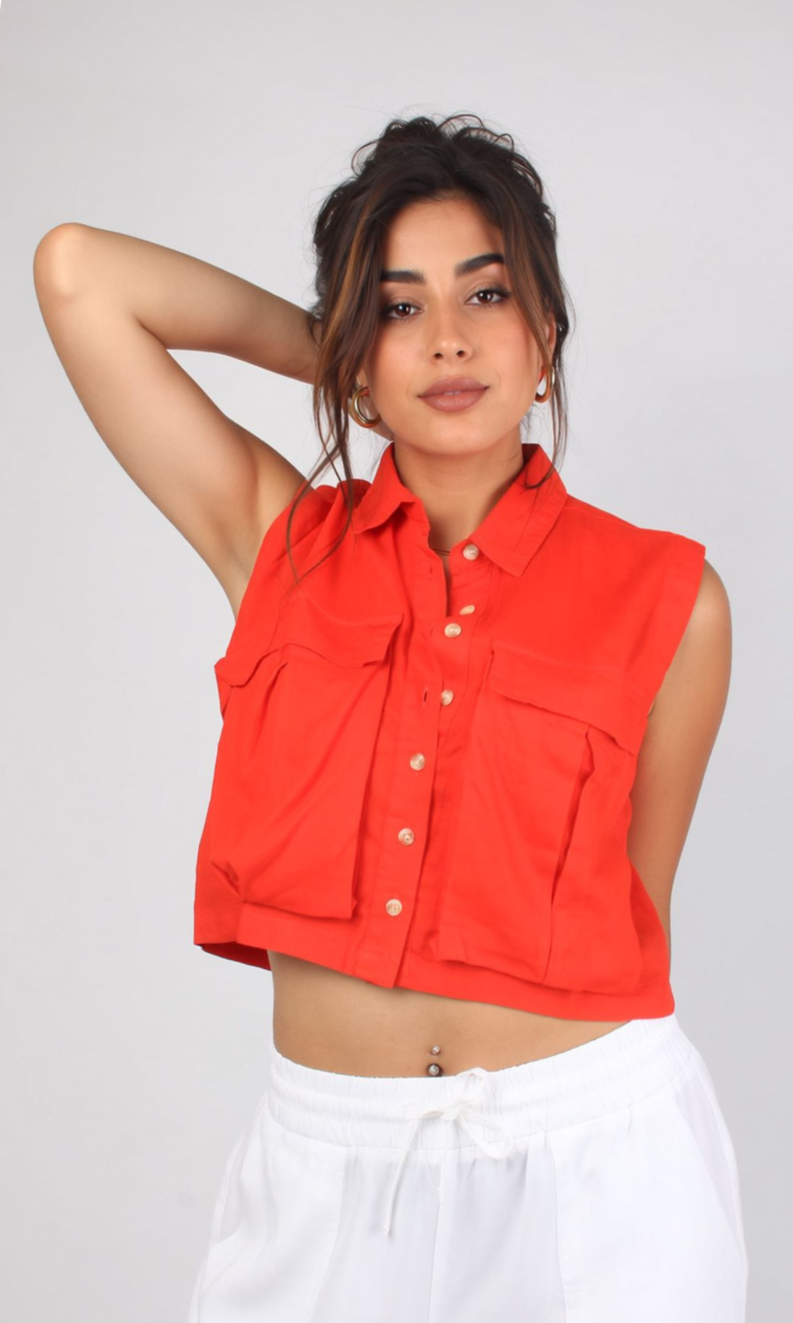 Women Linen Crop Shirt With Cargo Pockets