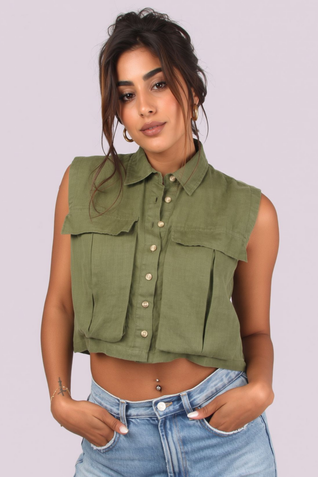 Women Linen Crop Shirt With Cargo Pockets