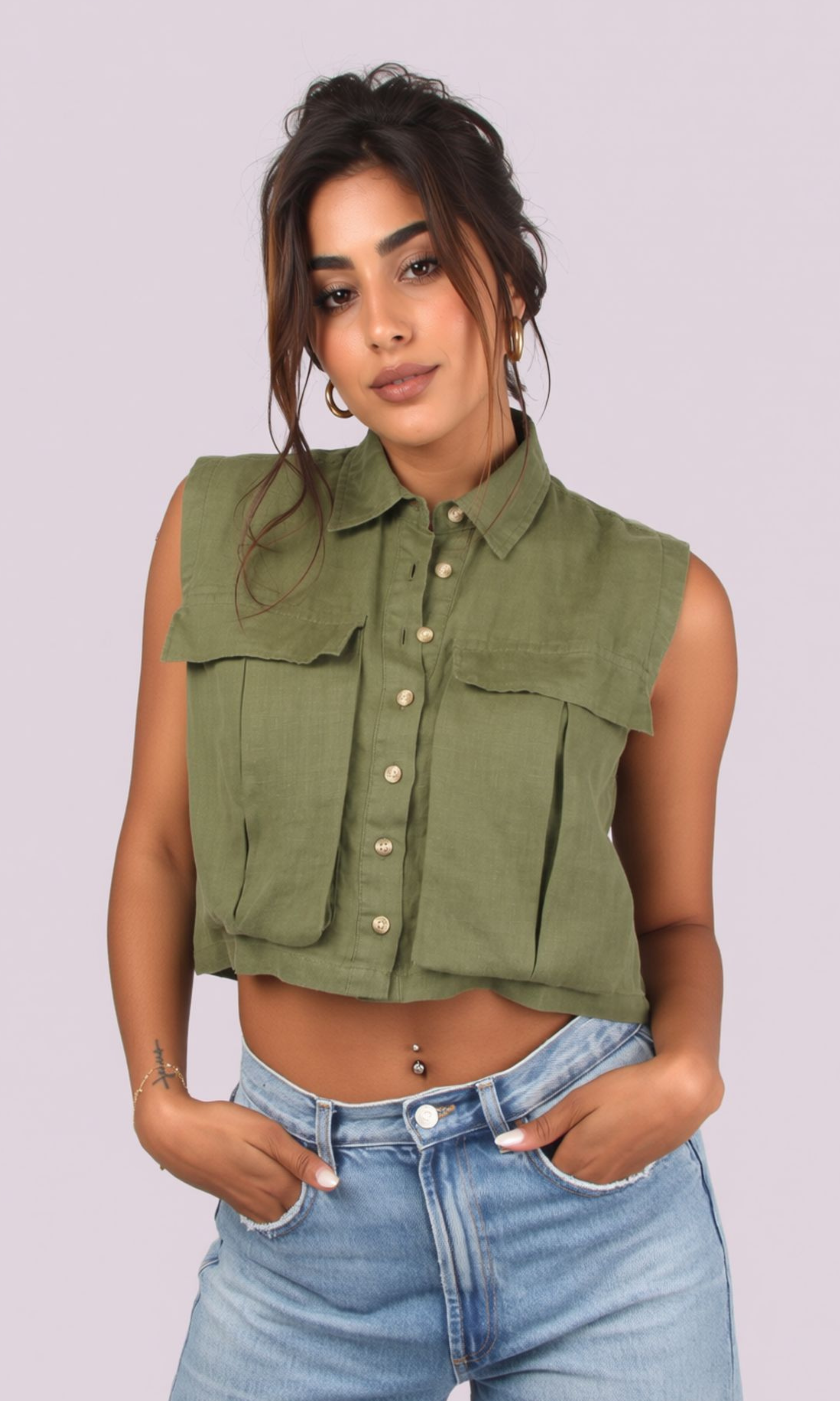 Women Linen Crop Shirt With Cargo Pockets