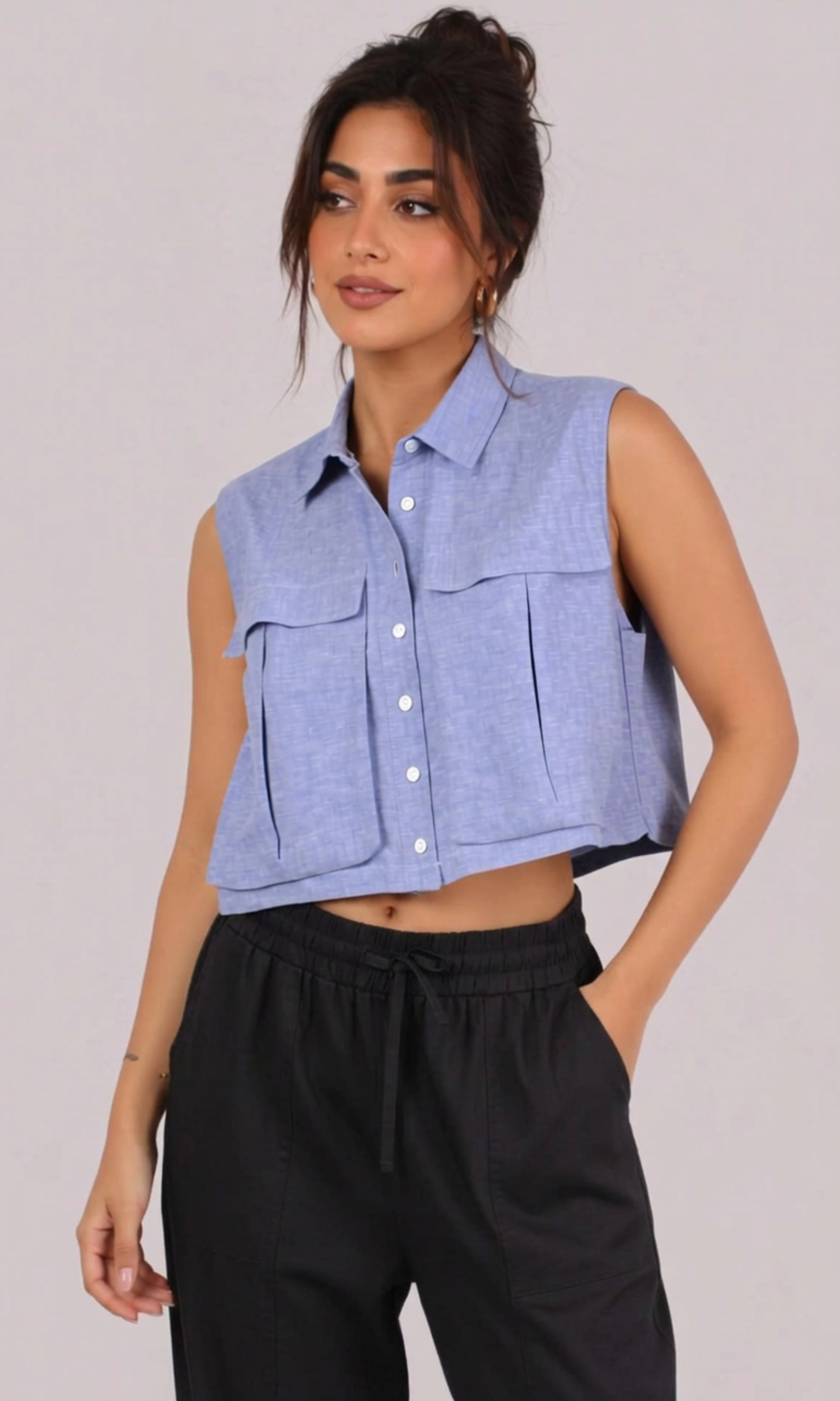 Women Linen Crop Shirt With Cargo Pockets