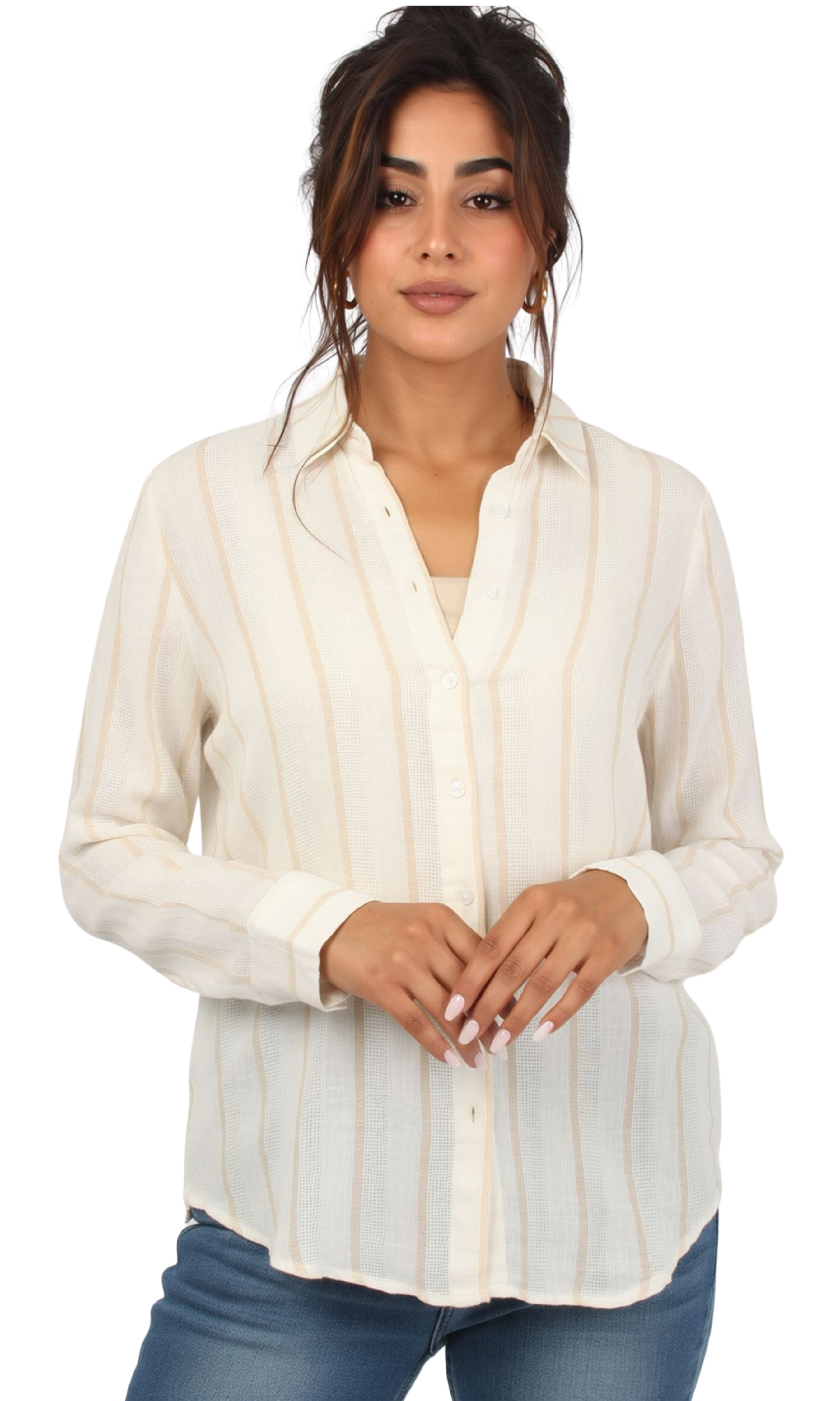 Women Linen Stripe Shirt (White*Beige)