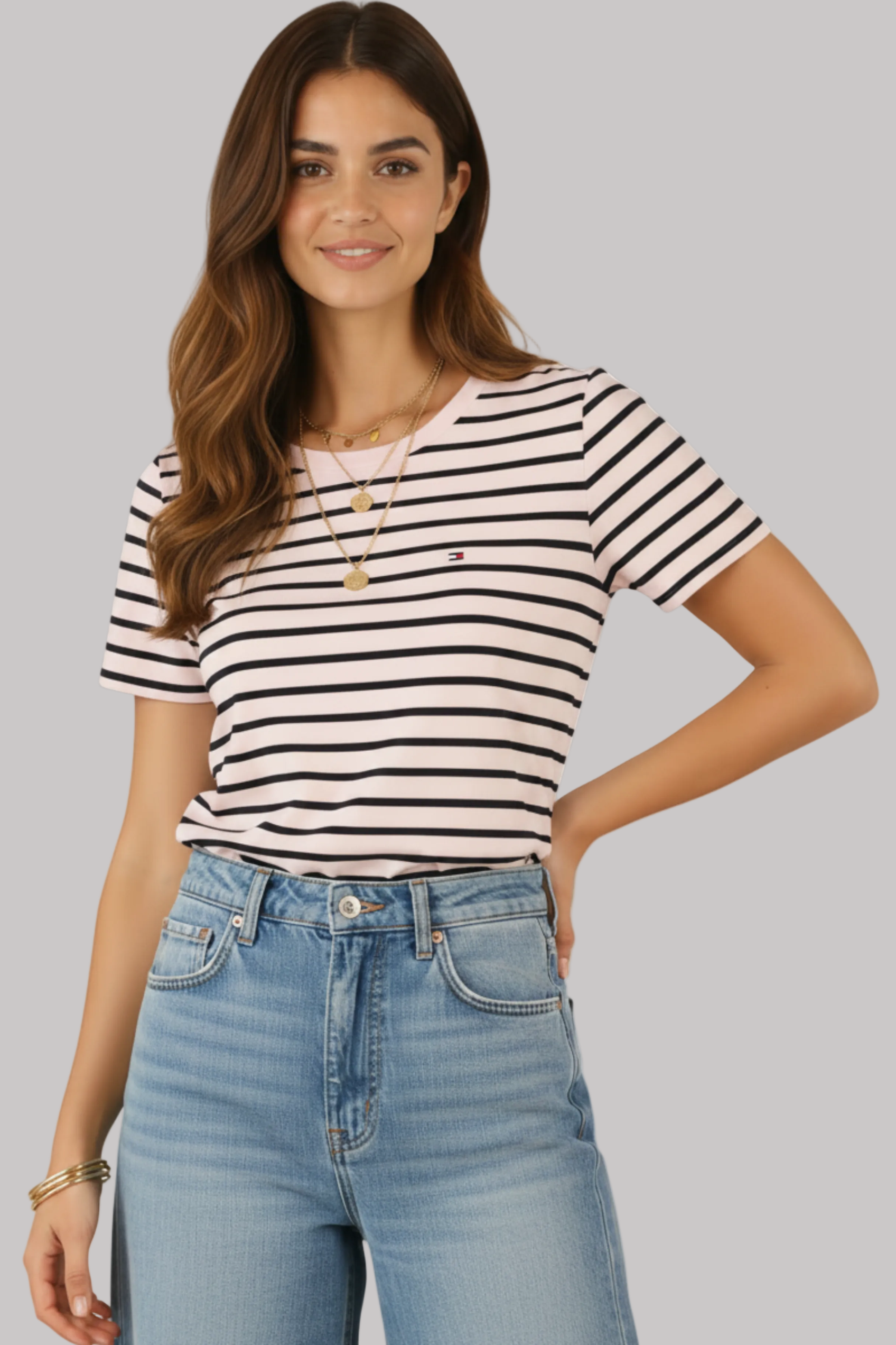 Women Striped Pattern Crew Neck T-shirt