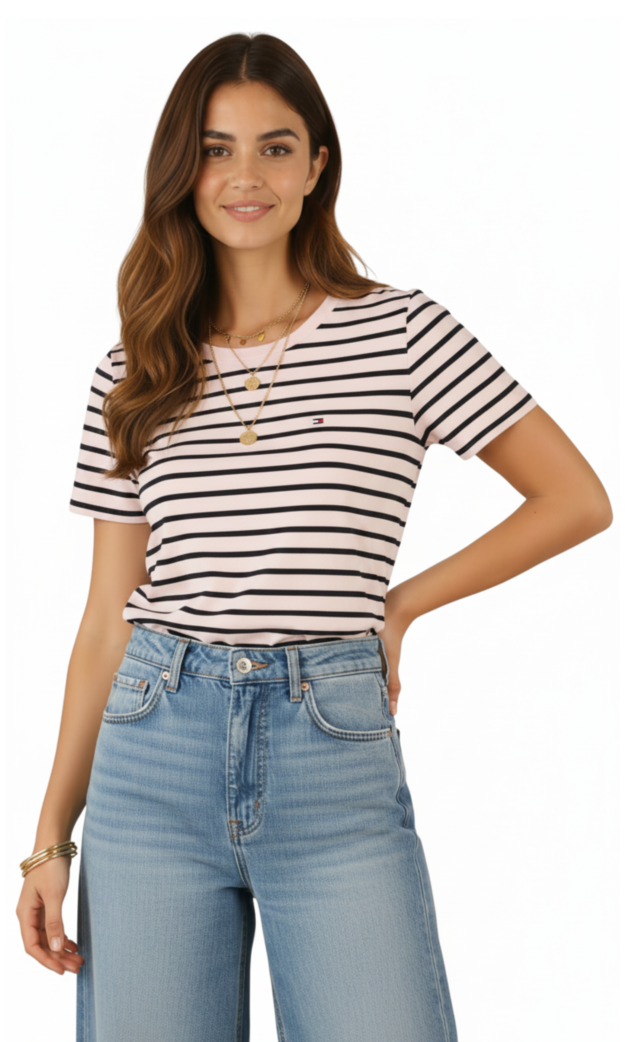 Women Striped Pattern Crew Neck T-shirt
