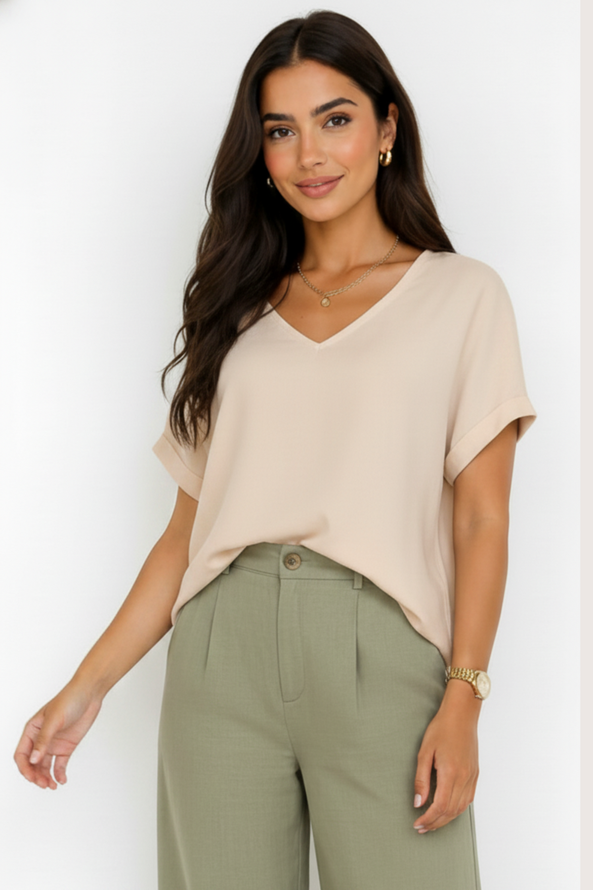 Women Linen Blend V Neck T-Shirt