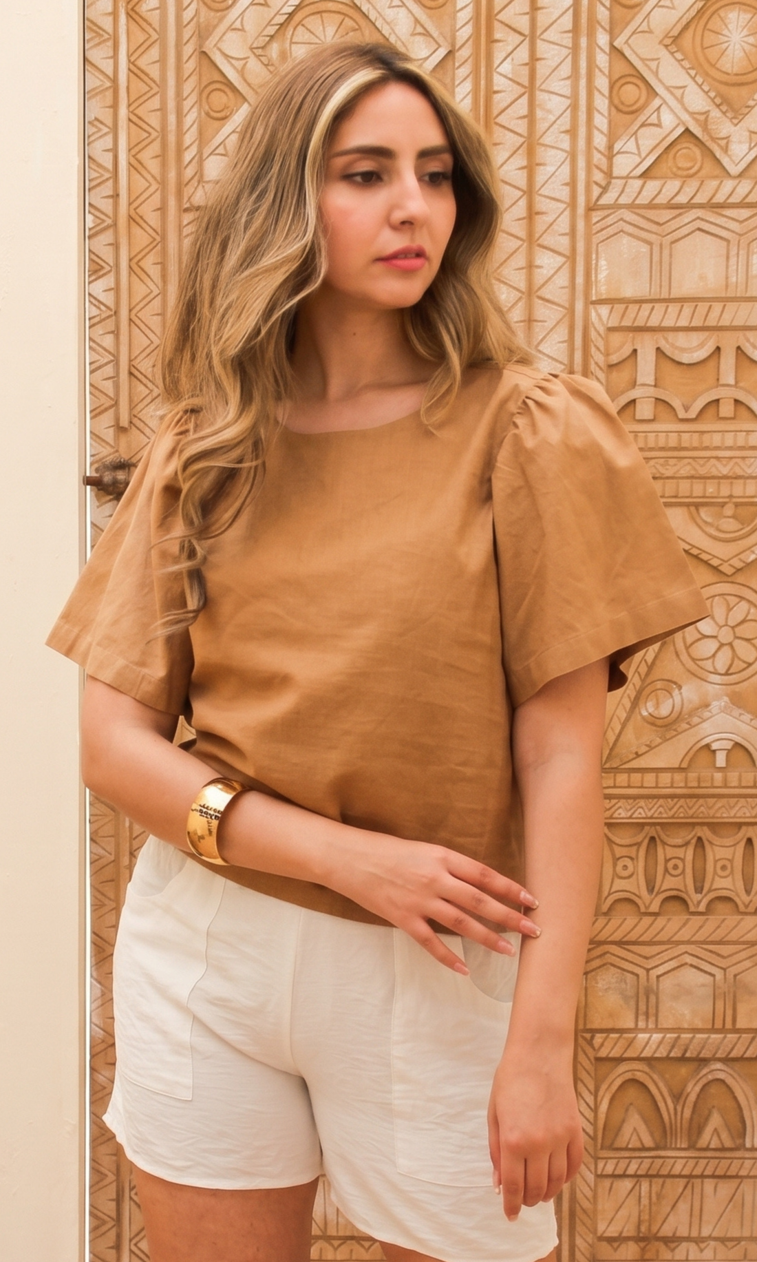 Women Blouse Tucked Puff Sleeves