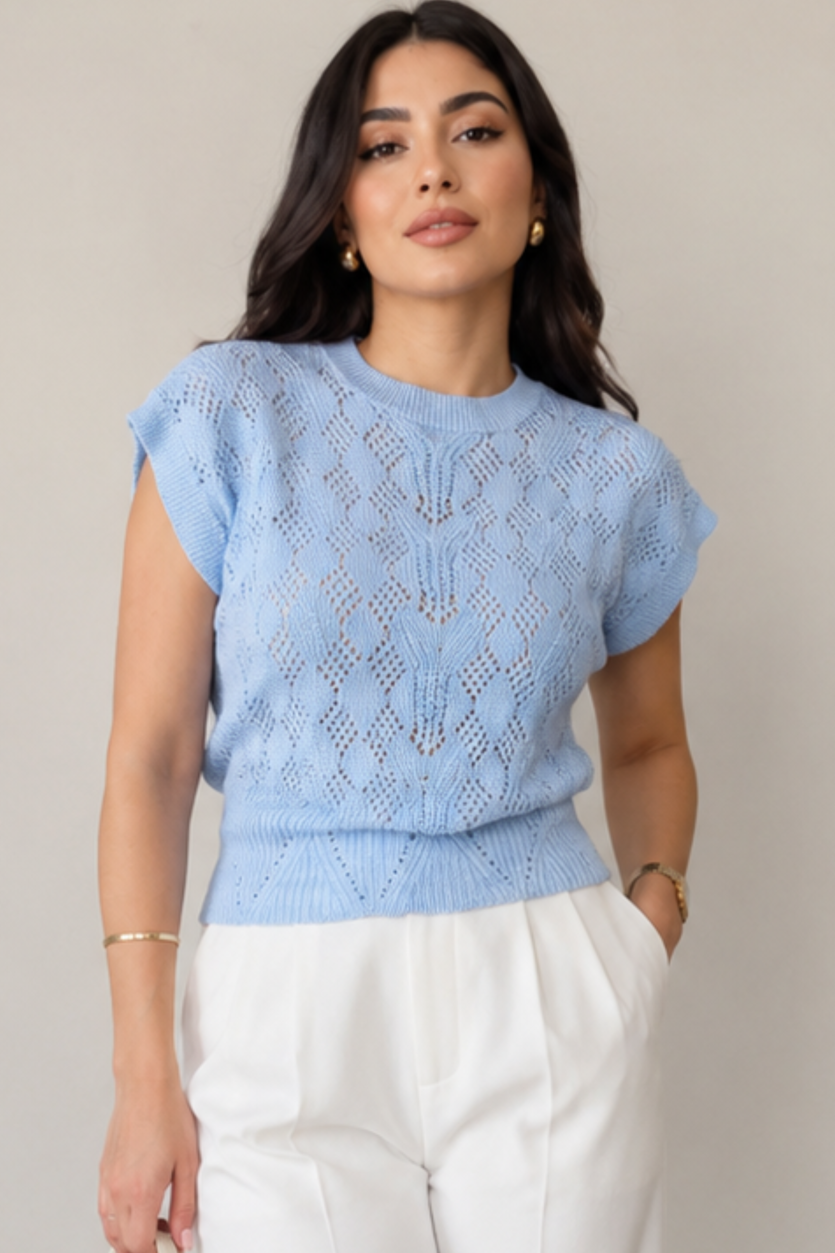 Women's cable knit sweater vest, product photo