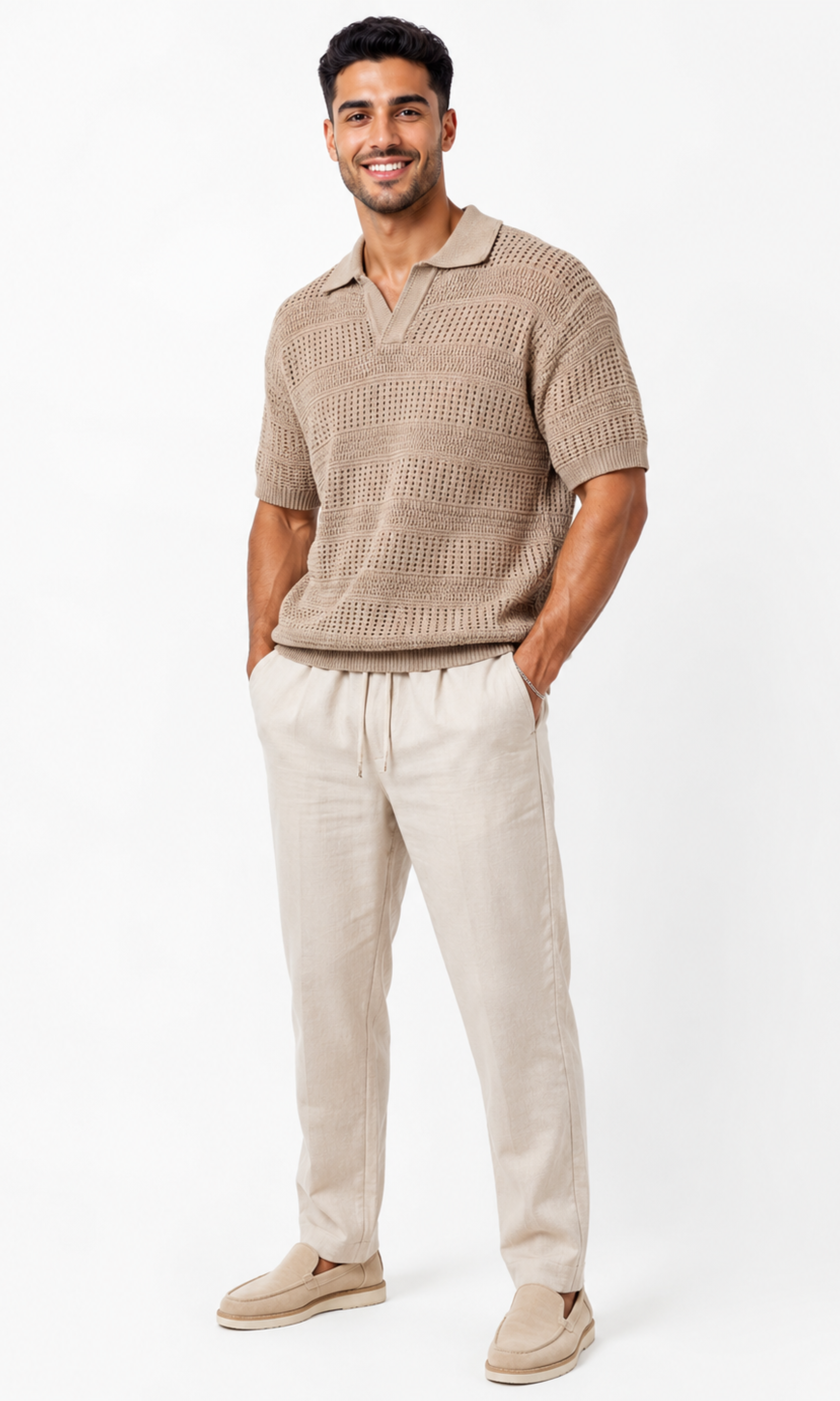 Men knitted Polo Shirt With A Textured Striped Pattern