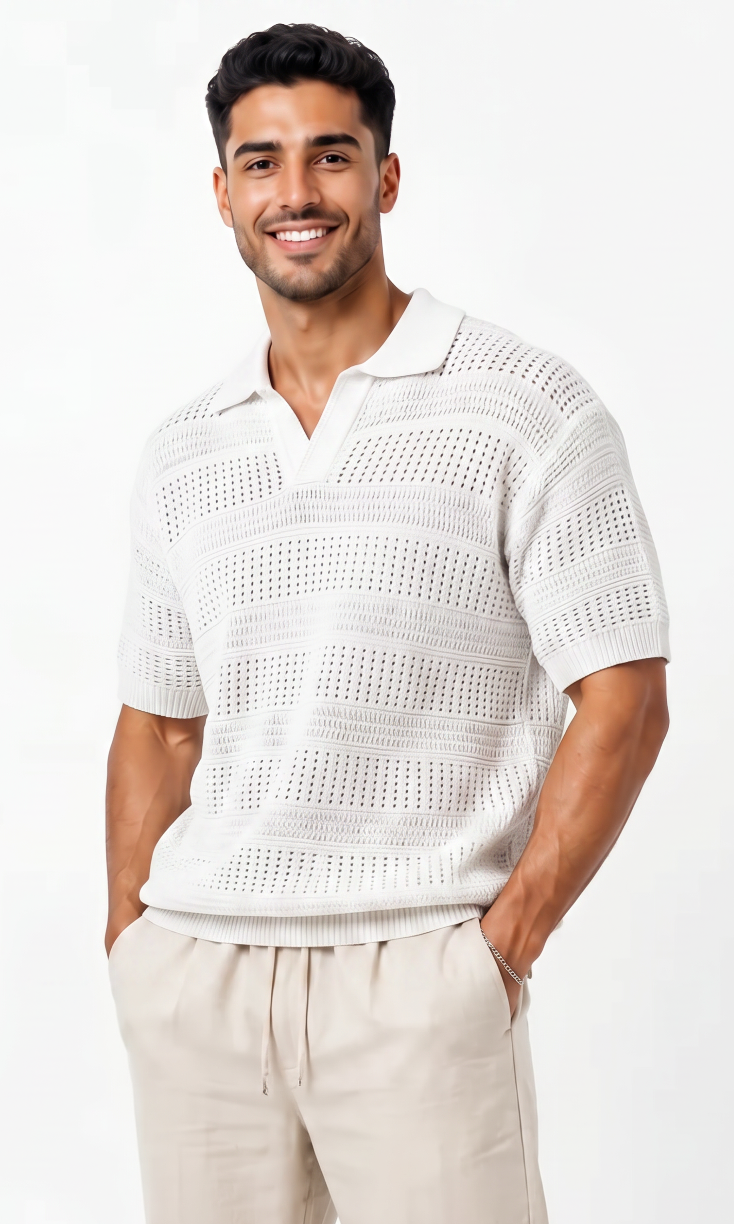 Men knitted Polo Shirt With A Textured Striped Pattern