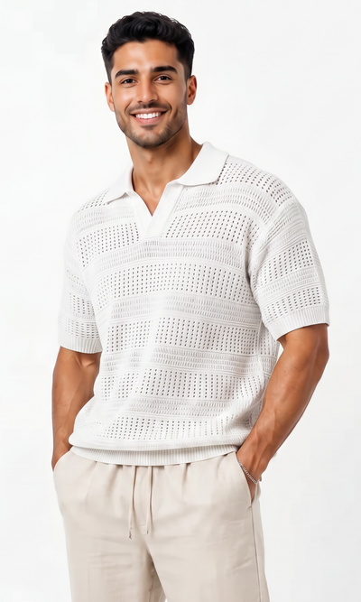 Men knitted Polo Shirt With A Textured Striped Pattern