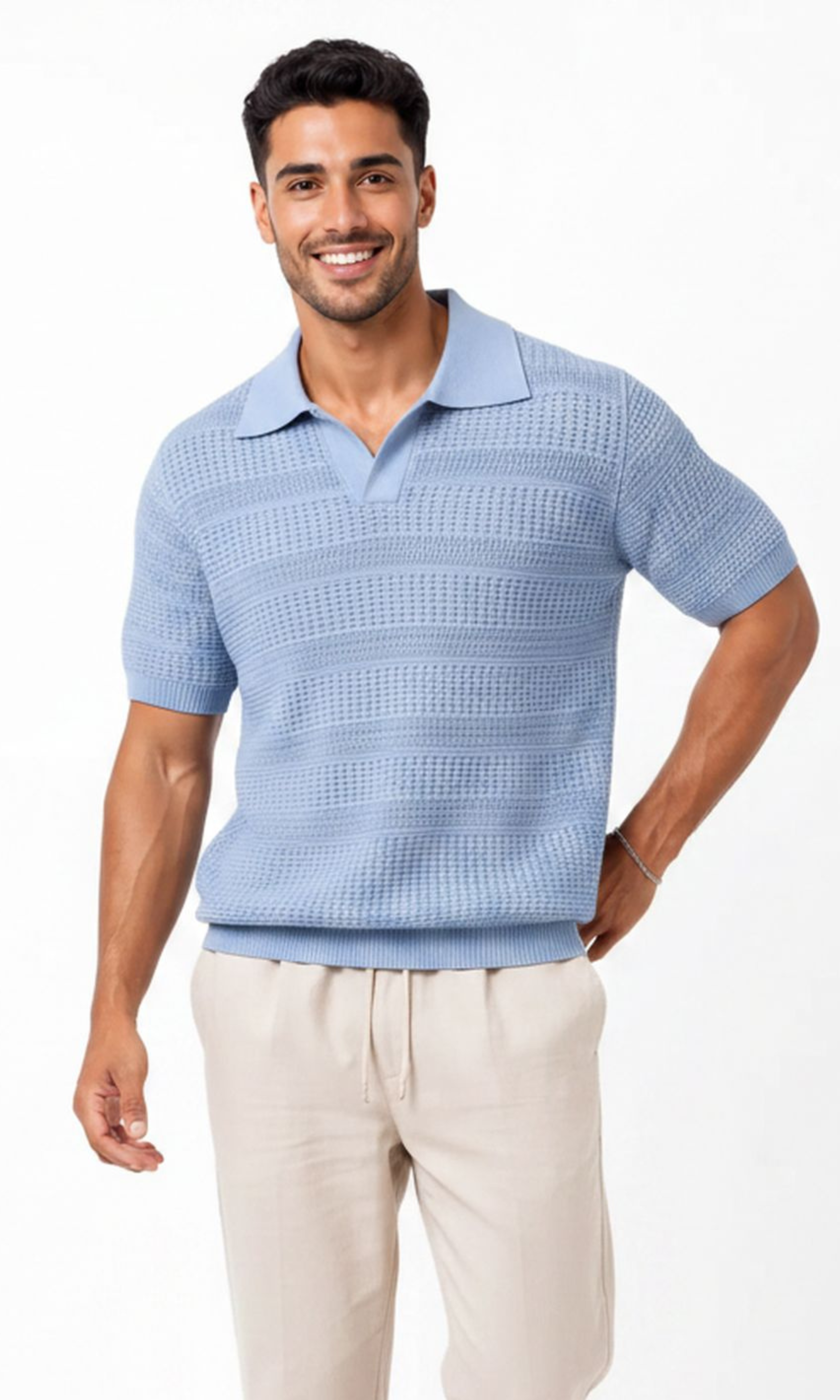 Men knitted Polo Shirt With A Textured Striped Pattern