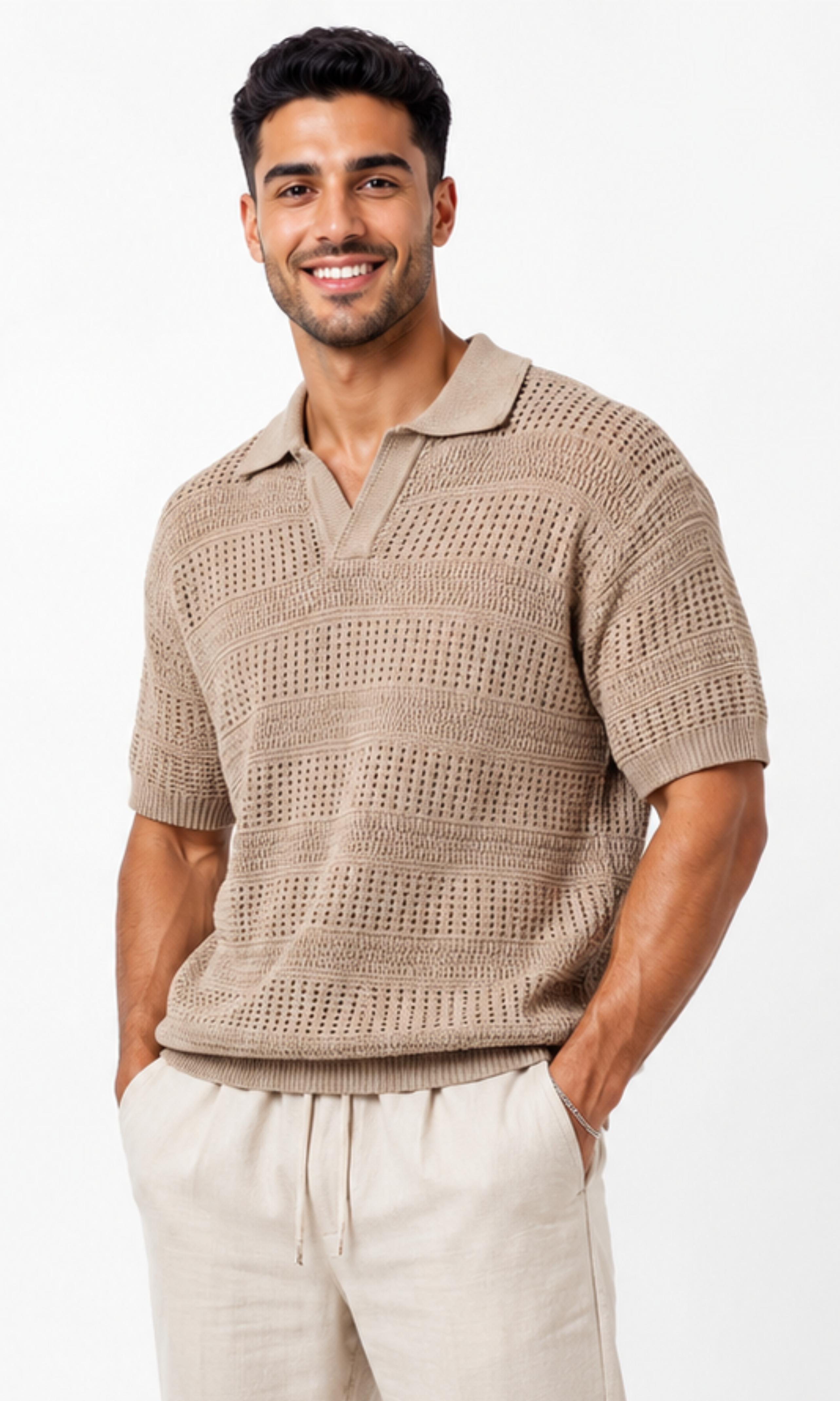Men knitted Polo Shirt With A Textured Striped Pattern