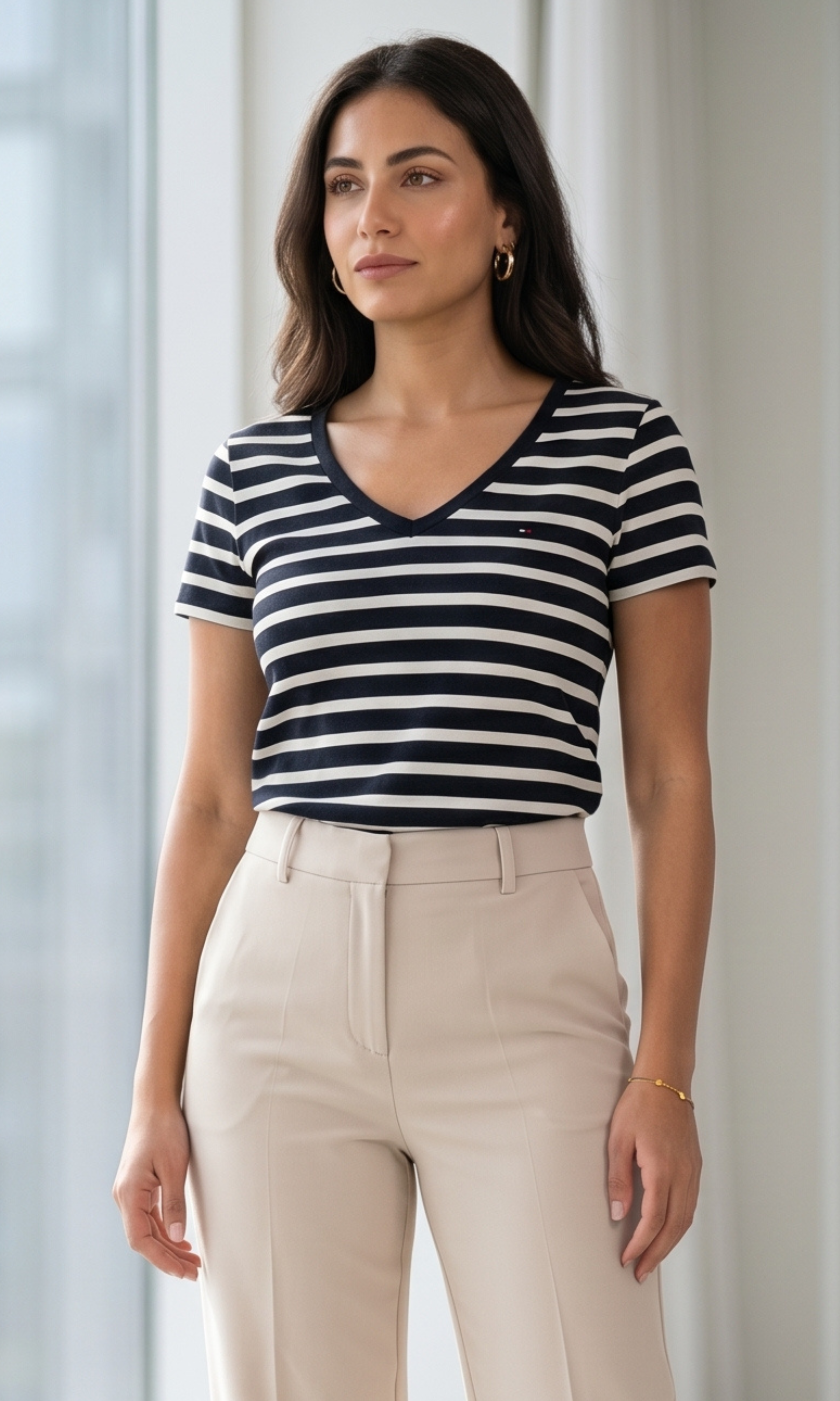 Women Striped Classic V-neck T-Shirt