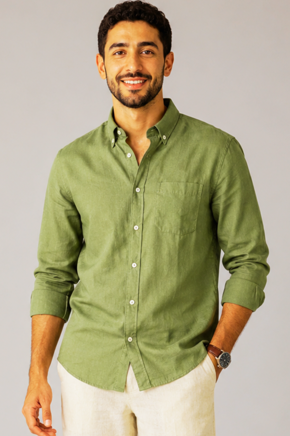 NEW-Men Linen Long Sleeve Shirt