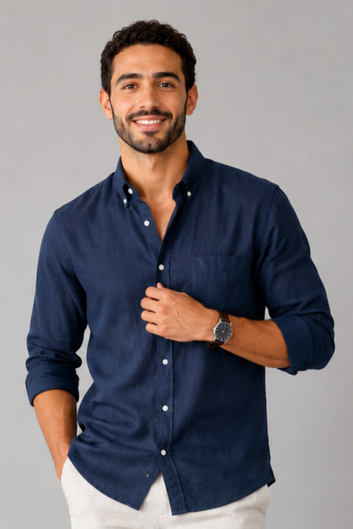 NEW-Men Linen Long Sleeve Shirt