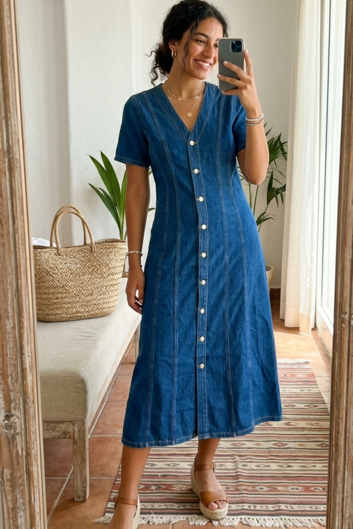 Women's front button denim maxi dress, product photo