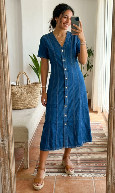 Women Front Button Denim Maxi Dress