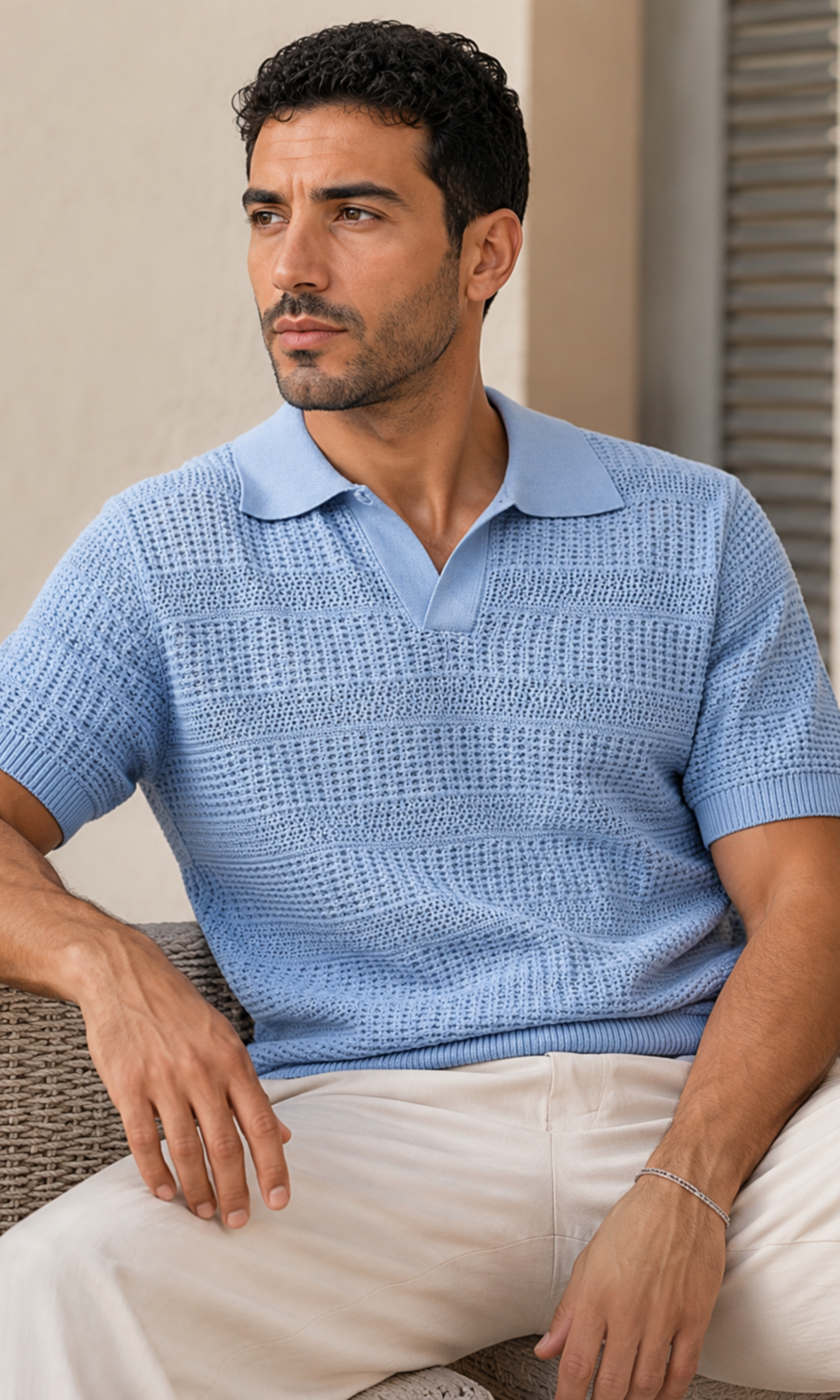 Men knitted Polo Shirt With A Textured Striped Pattern