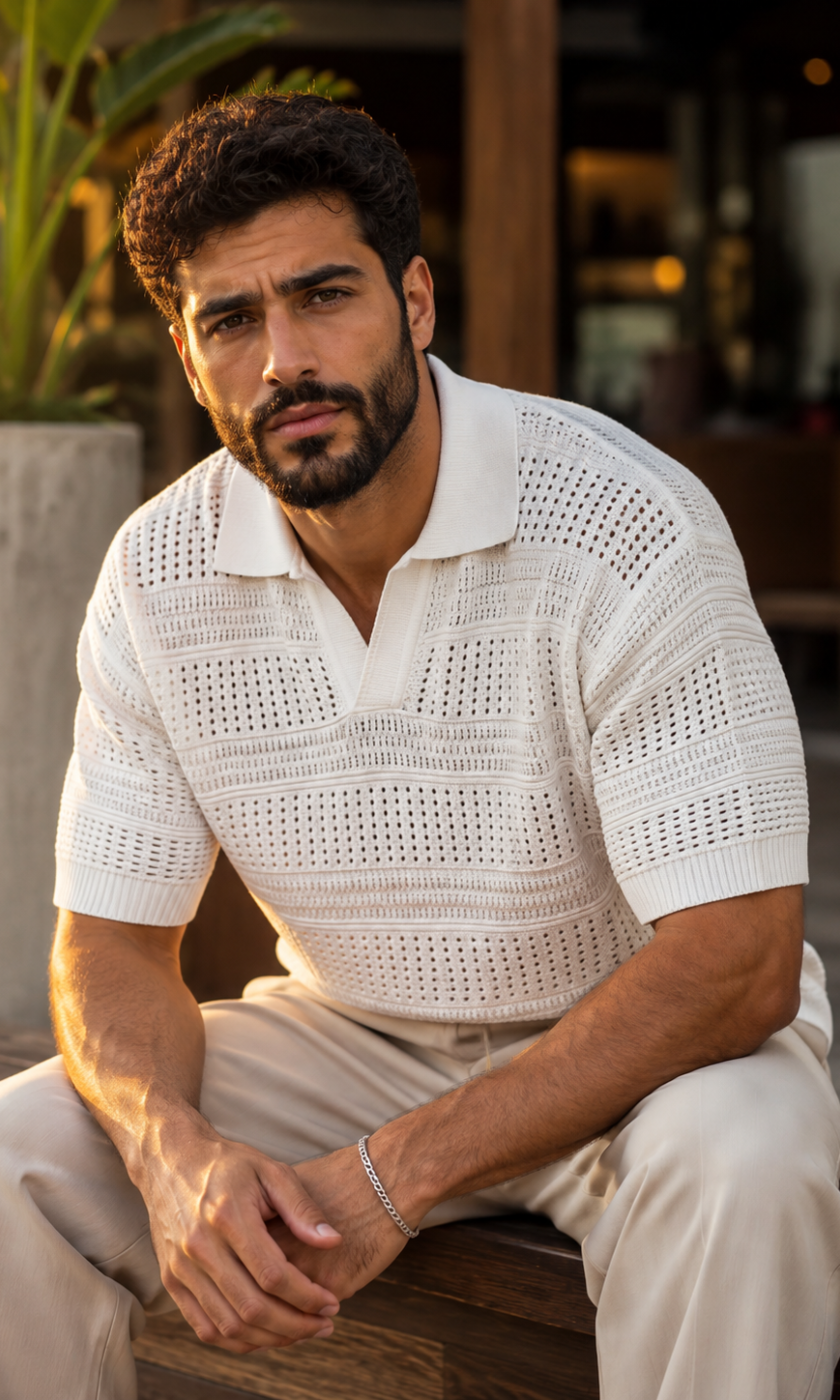 Men knitted Polo Shirt With A Textured Striped Pattern