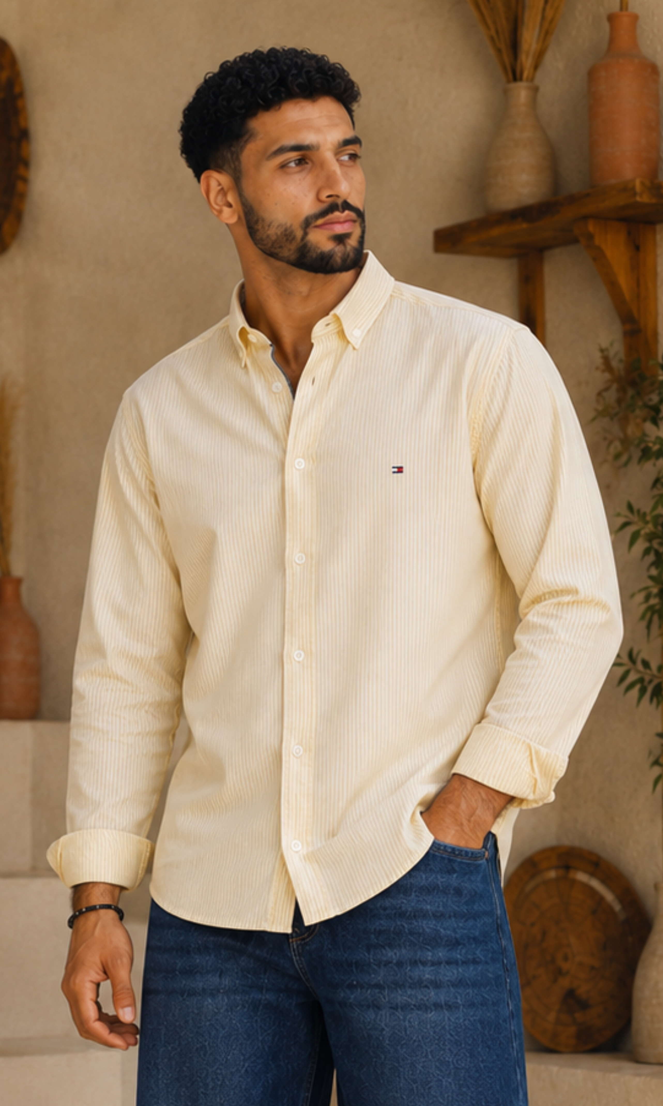 Men Striped Oxford Shirt With Button-Down Collar