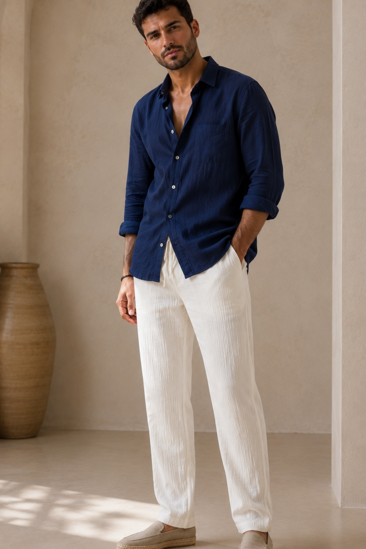 Men Premium Ribbed Linen Pants (Off-White)