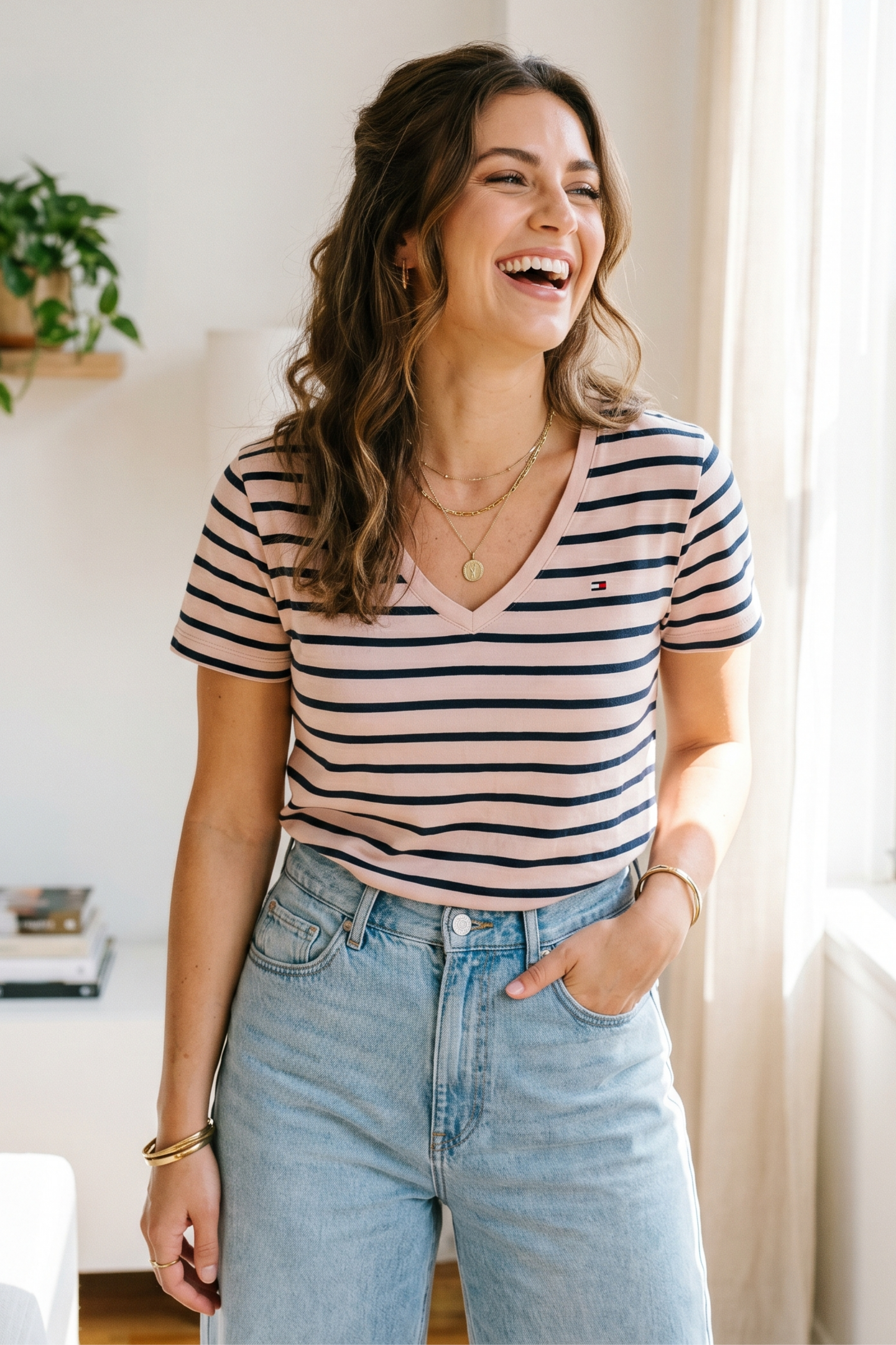 Women Striped Classic V-neck T-Shirt
