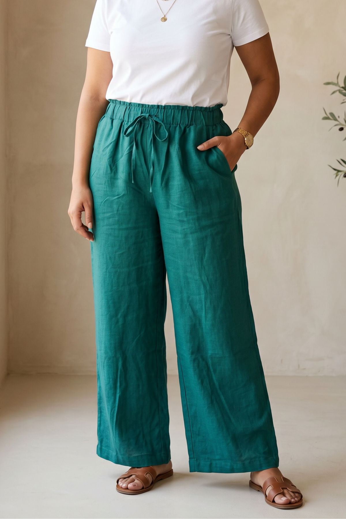 Women Linen Blend Wide Leg Pants (0605)