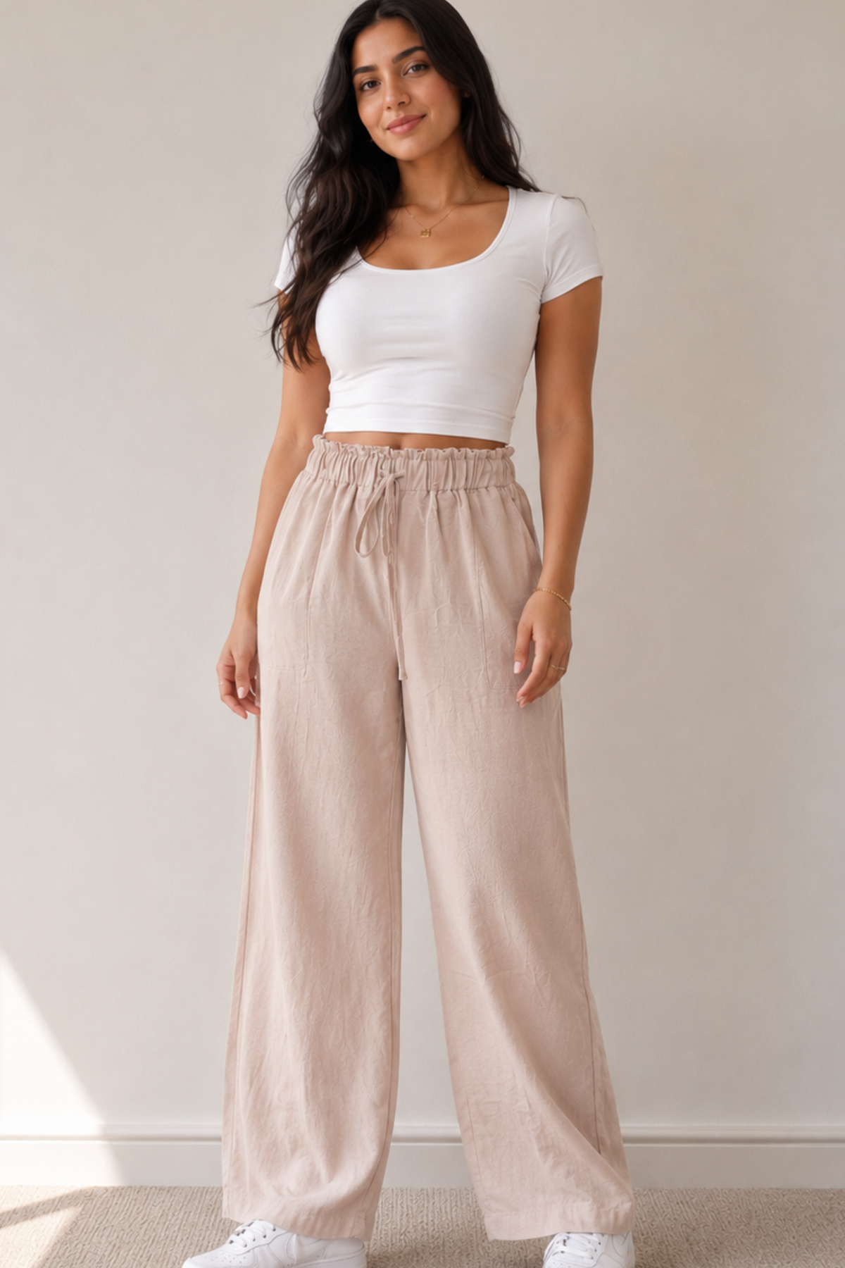Women Linen Blend Wide Leg Pants (0605)