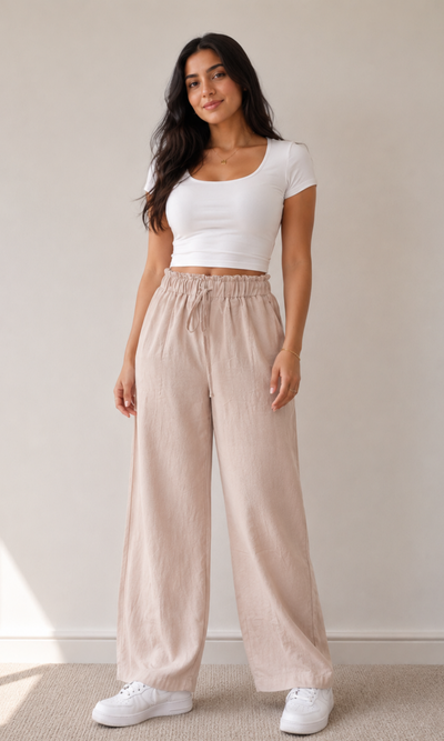 Women Linen Blend Wide Leg Pants (0605)