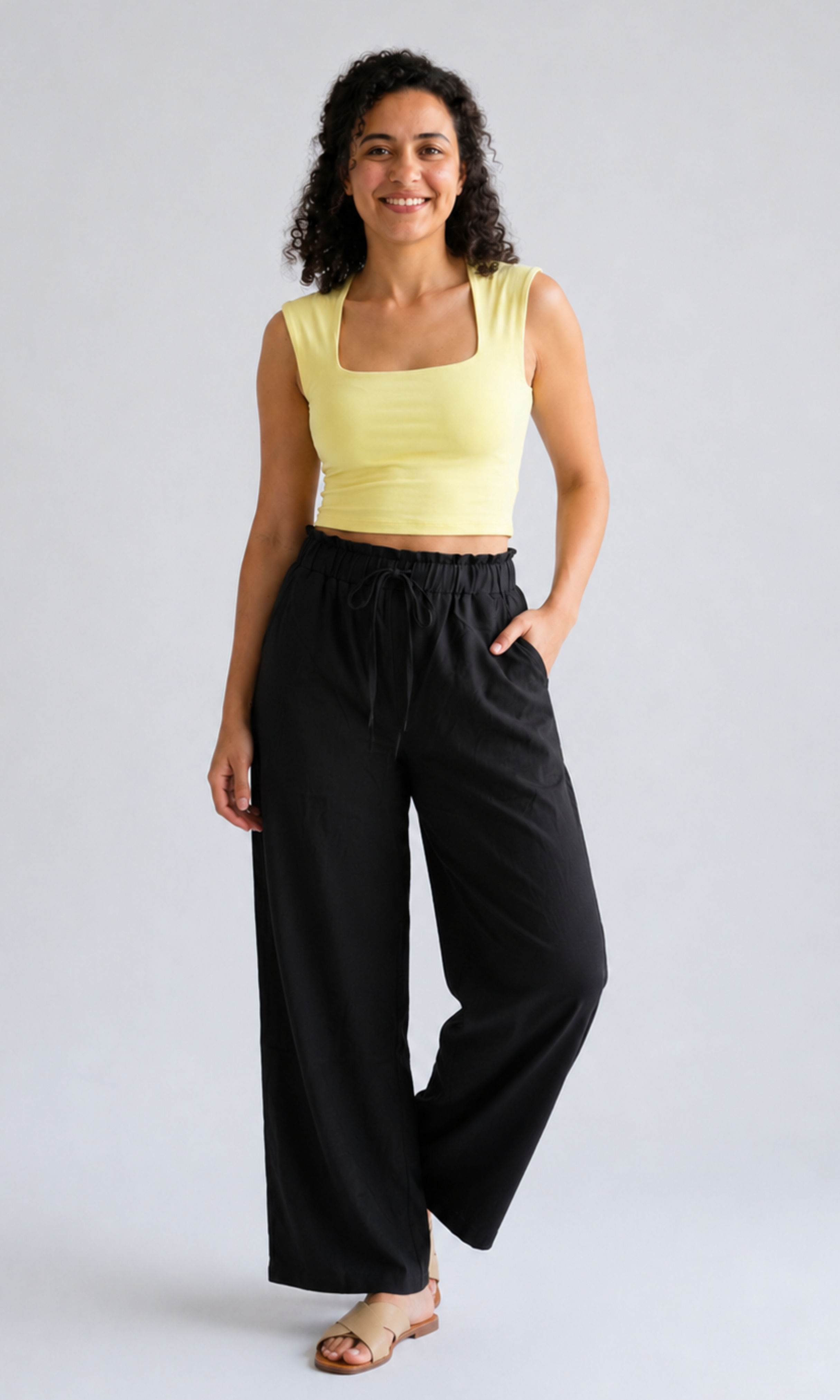 Women Linen Blend Wide Leg Pants (0605)