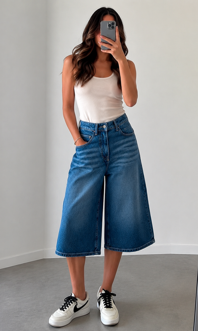 90s Vintage Style Wide-Leg Denim Shorts -Jorts