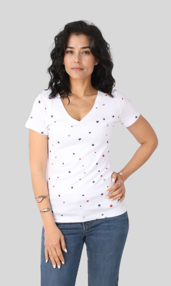 [Original] Women Top Cotton T-Shirt V Neck-2 (Red Stars)
