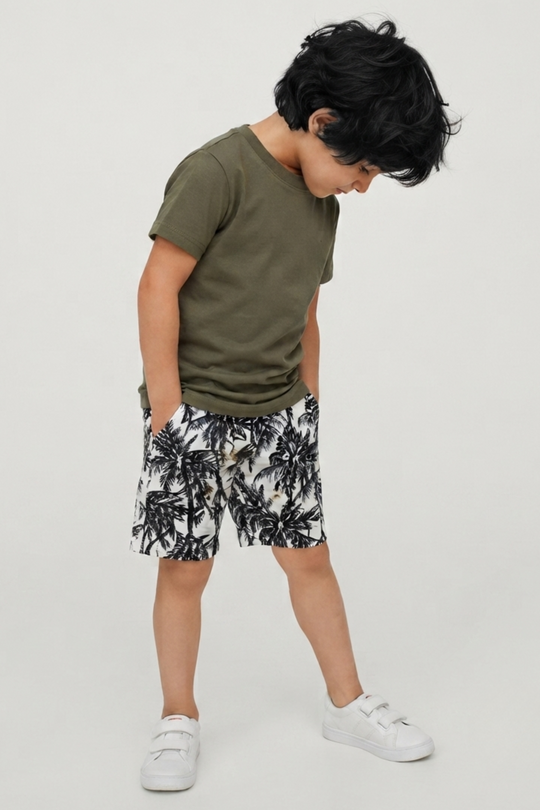 Kids Beach Pattern Gabardine Short (White*Black)