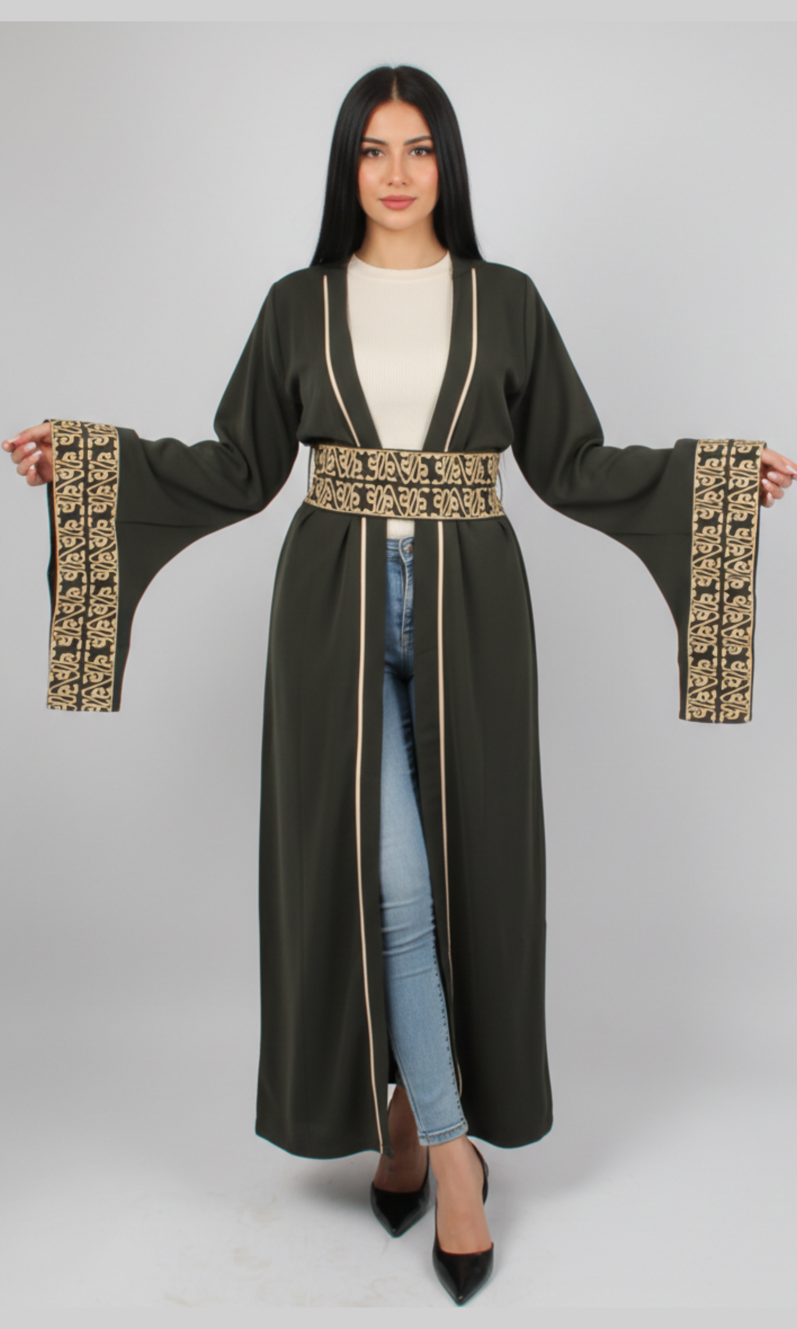 Women Dress Kaftan With Belt & Capuchon  (Oil Green)