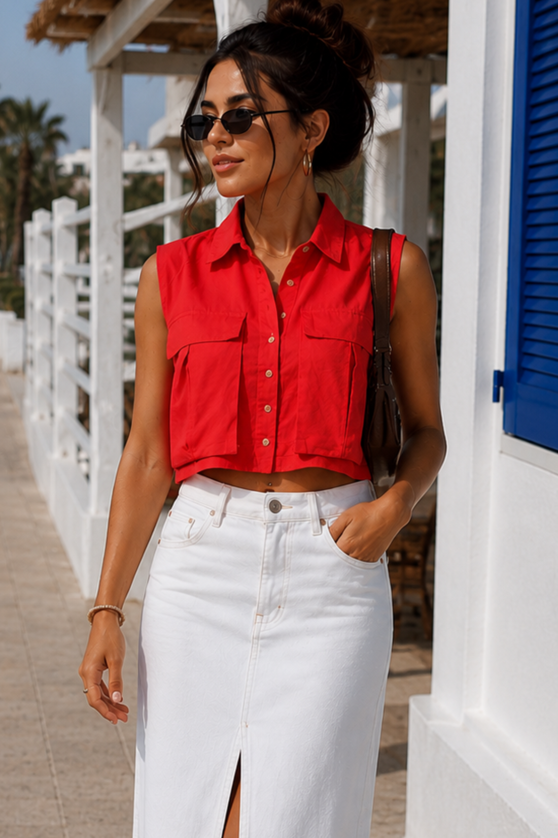 Women Linen Crop Shirt With Cargo Pockets