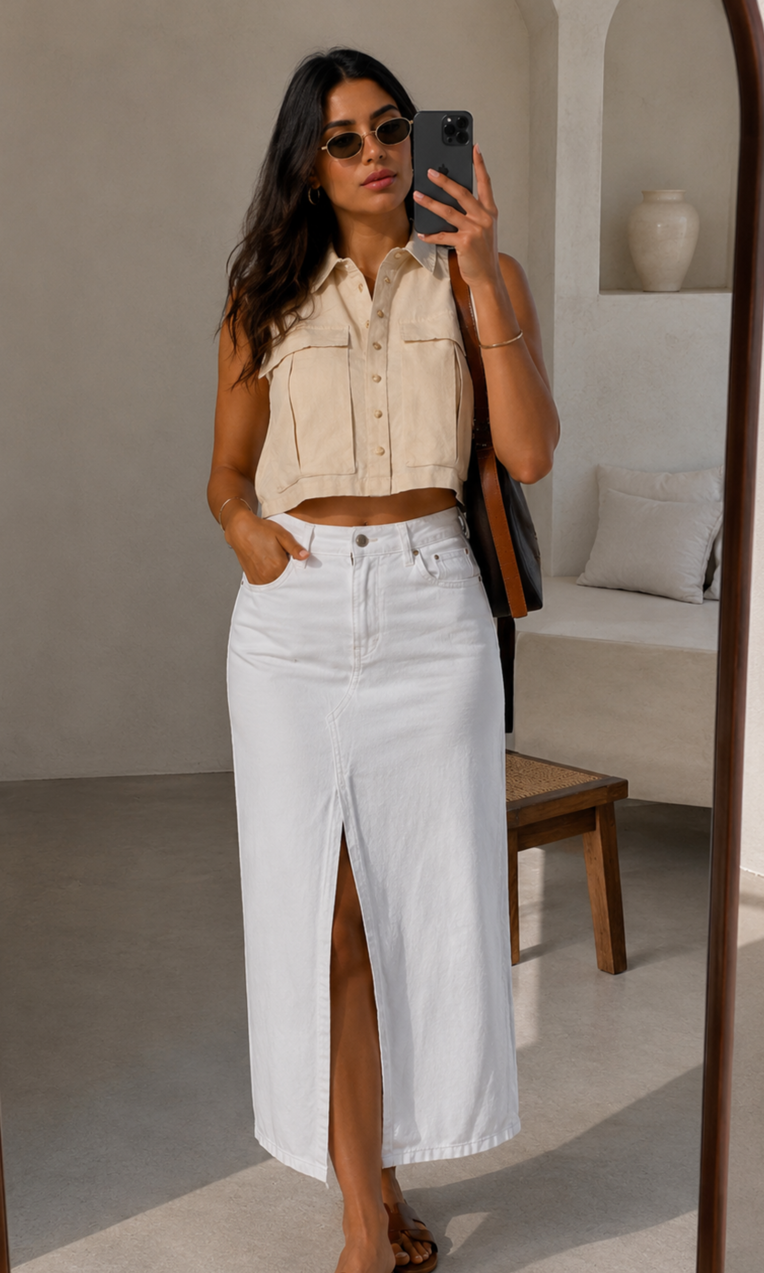 Women Denim Split Front Midi Skirt (White)