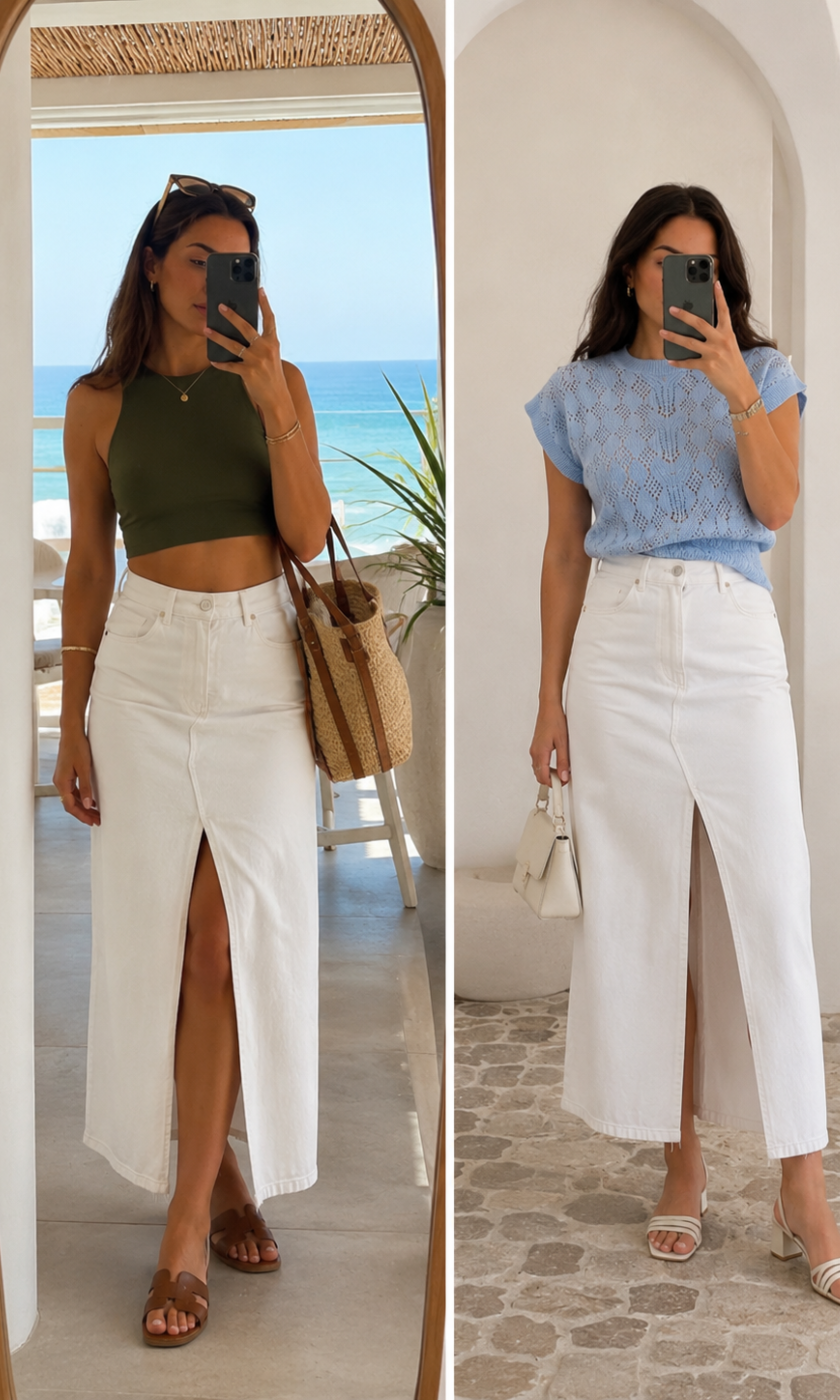 Women Denim Split Front Midi Skirt (White)